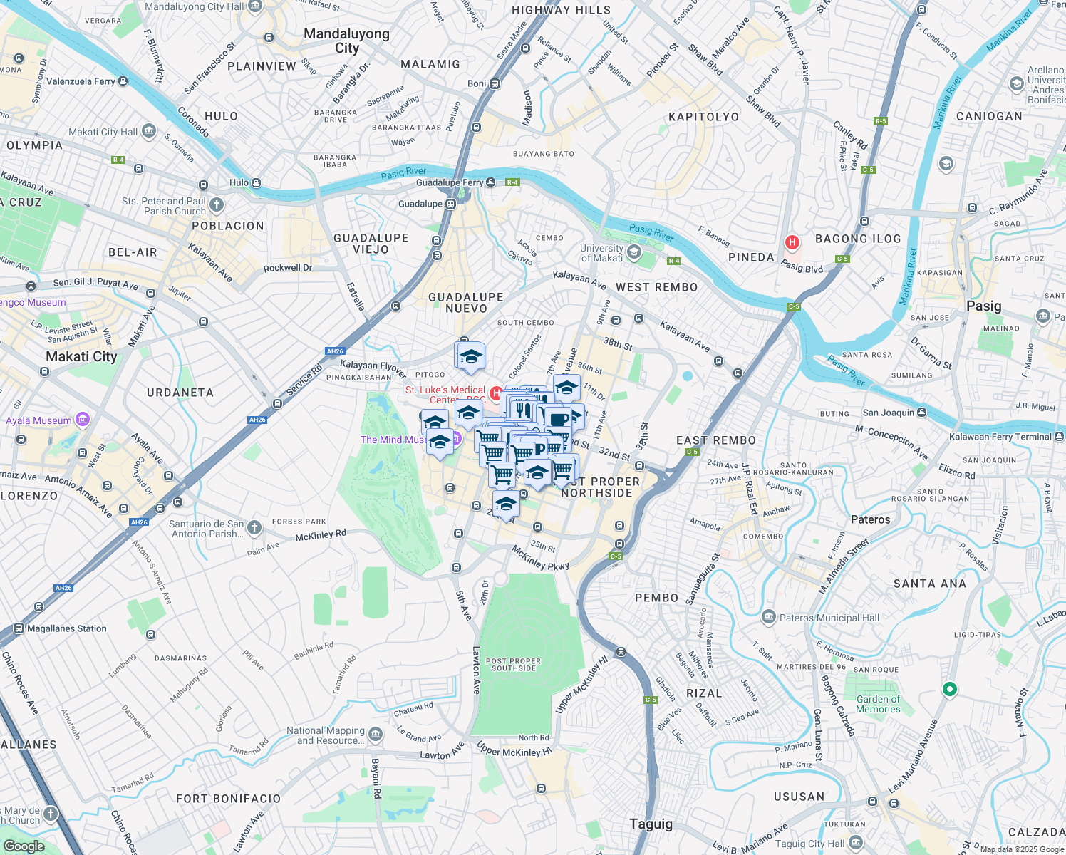 map of restaurants, bars, coffee shops, grocery stores, and more near 32nd Street in Taguig