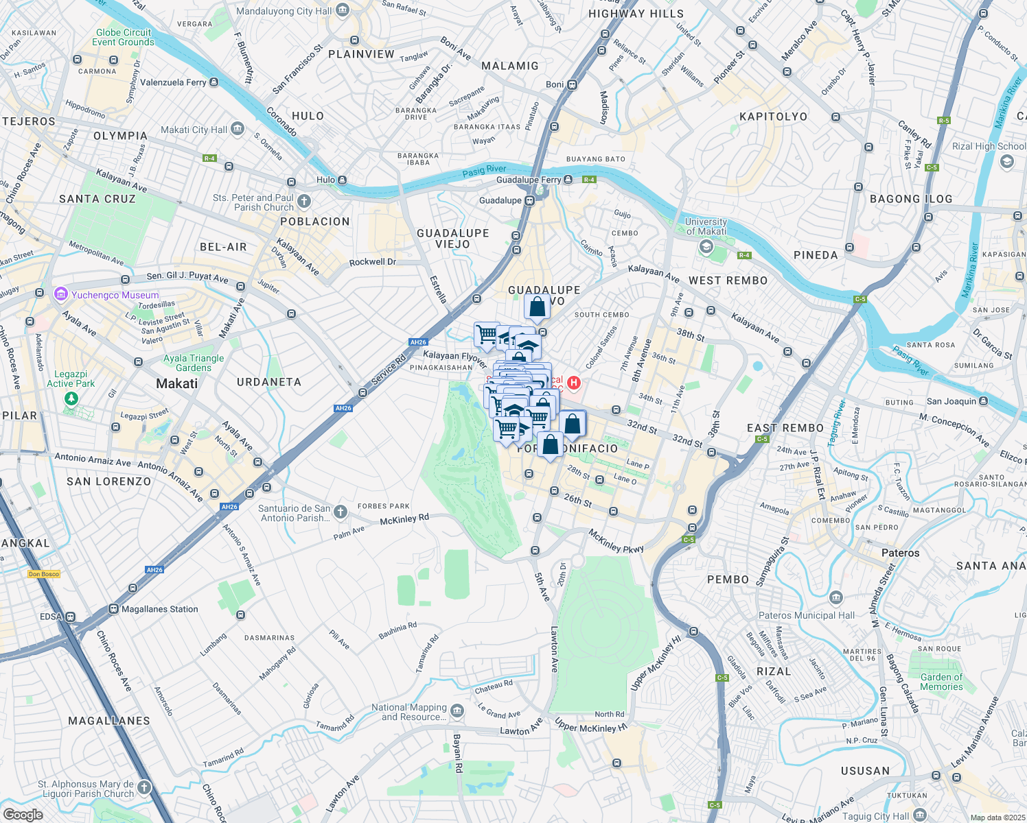 map of restaurants, bars, coffee shops, grocery stores, and more near 30th Street in Taguig