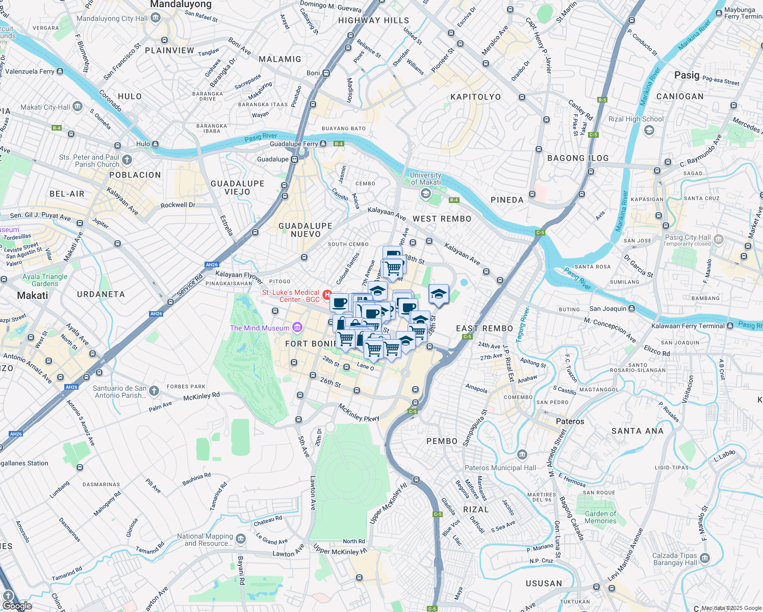 map of restaurants, bars, coffee shops, grocery stores, and more near 34th Street in Taguig