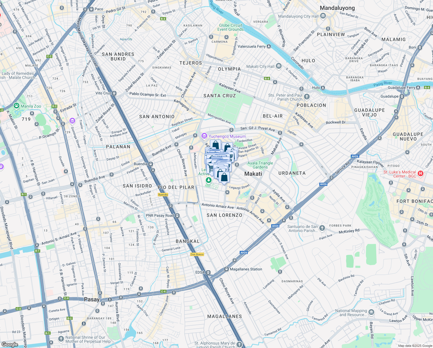 map of restaurants, bars, coffee shops, grocery stores, and more near 111 Rada in Makati