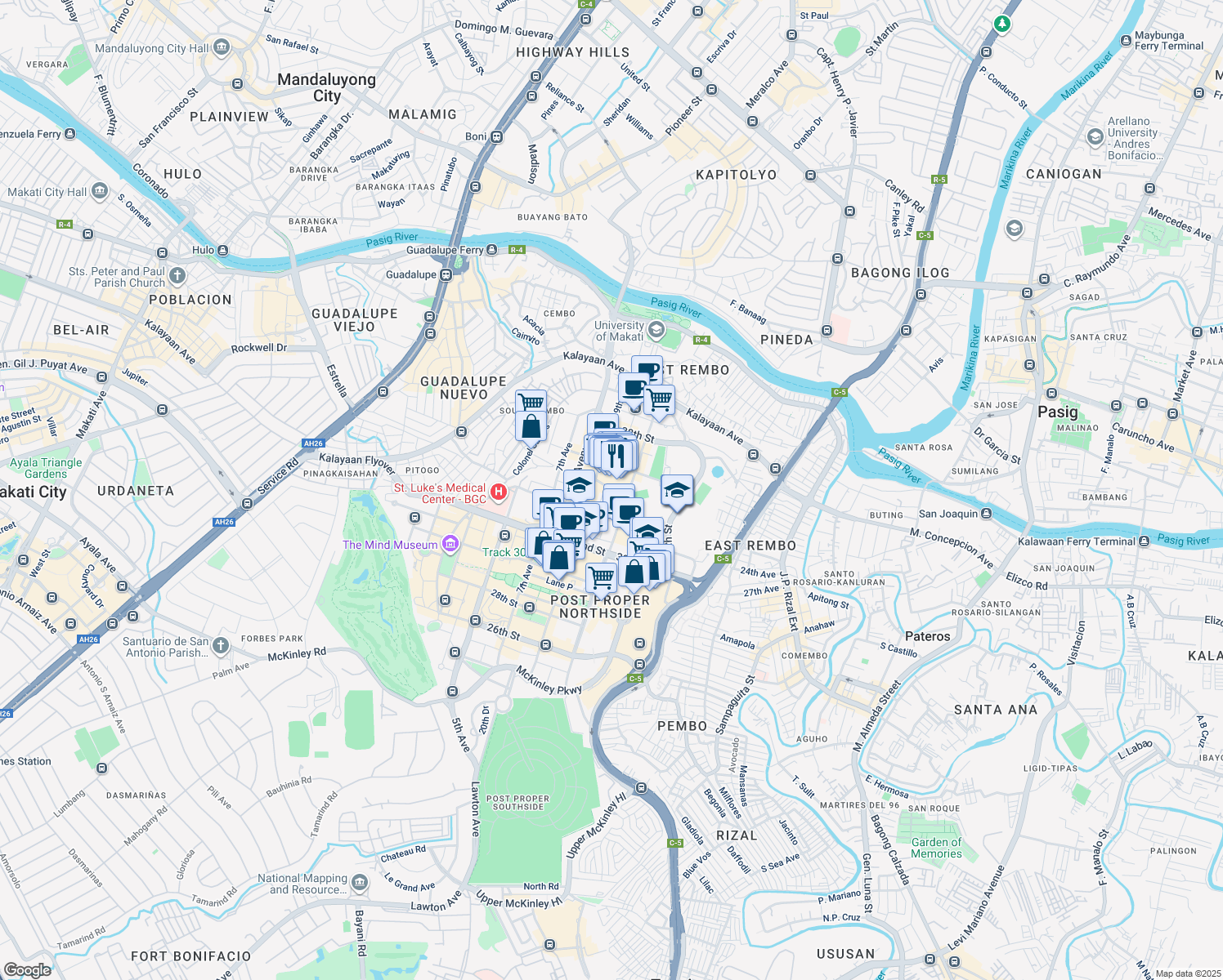 map of restaurants, bars, coffee shops, grocery stores, and more near 10 11th Drive in Taguig