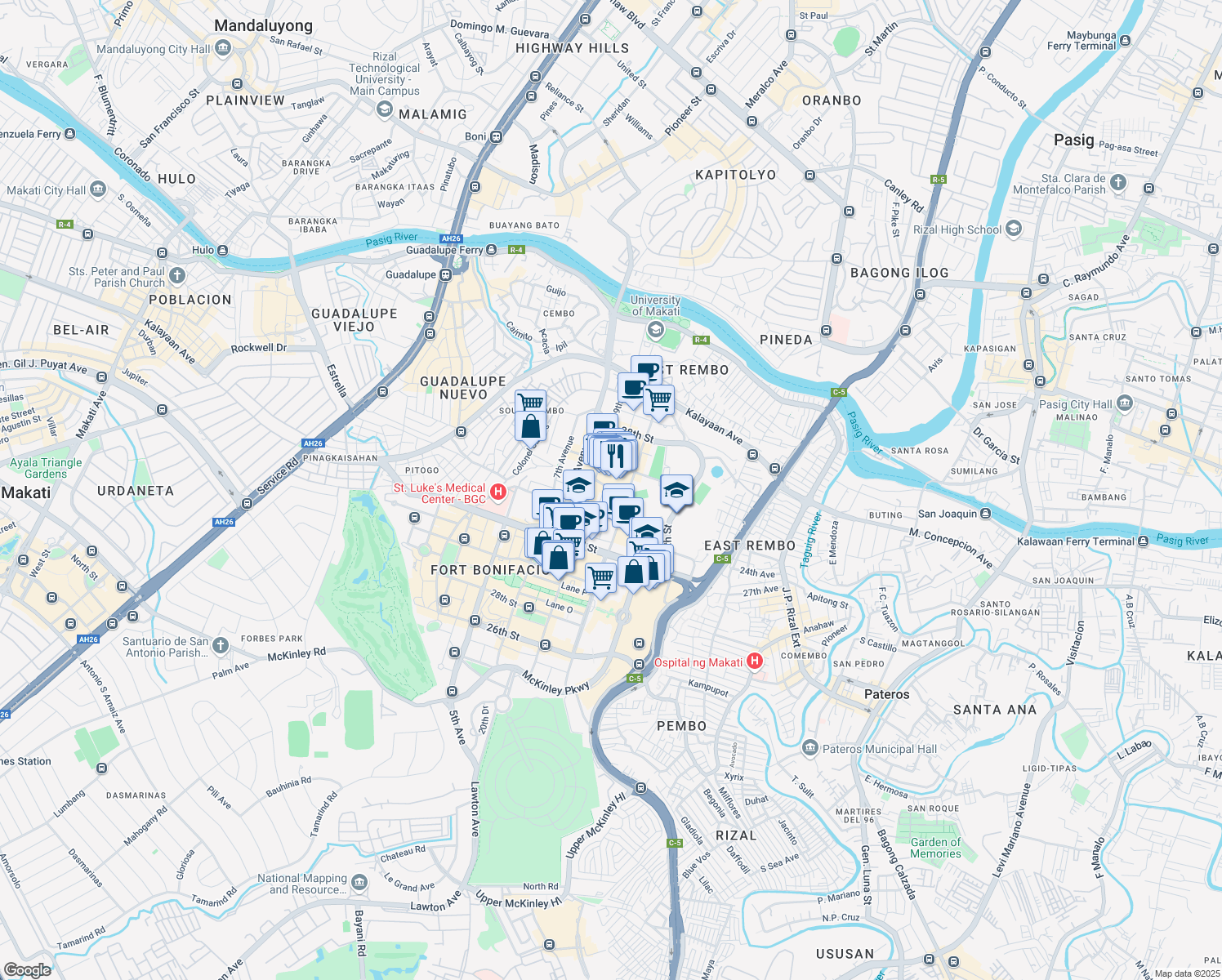 map of restaurants, bars, coffee shops, grocery stores, and more near 10 11th Drive in Taguig