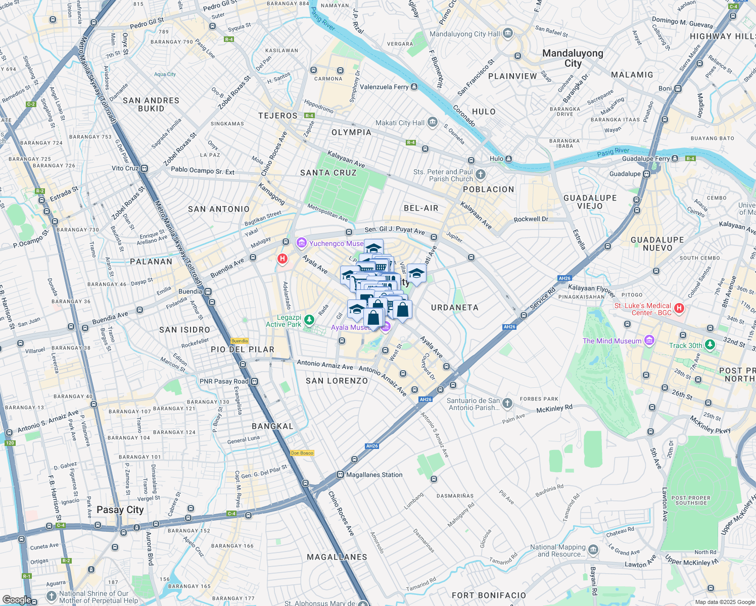 map of restaurants, bars, coffee shops, grocery stores, and more near 6767 Ayala Avenue in Makati City