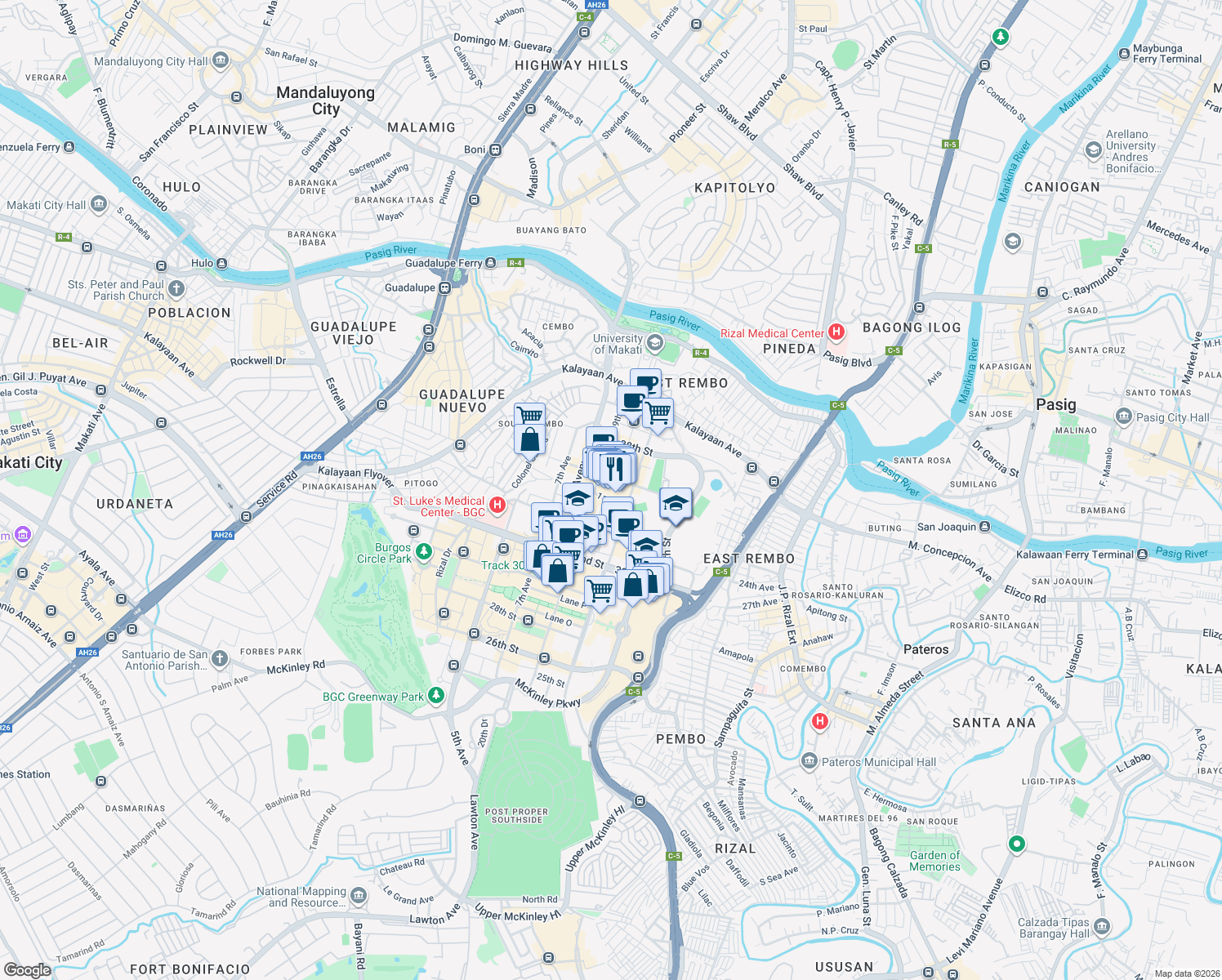 map of restaurants, bars, coffee shops, grocery stores, and more near 9th Avenue in Taguig