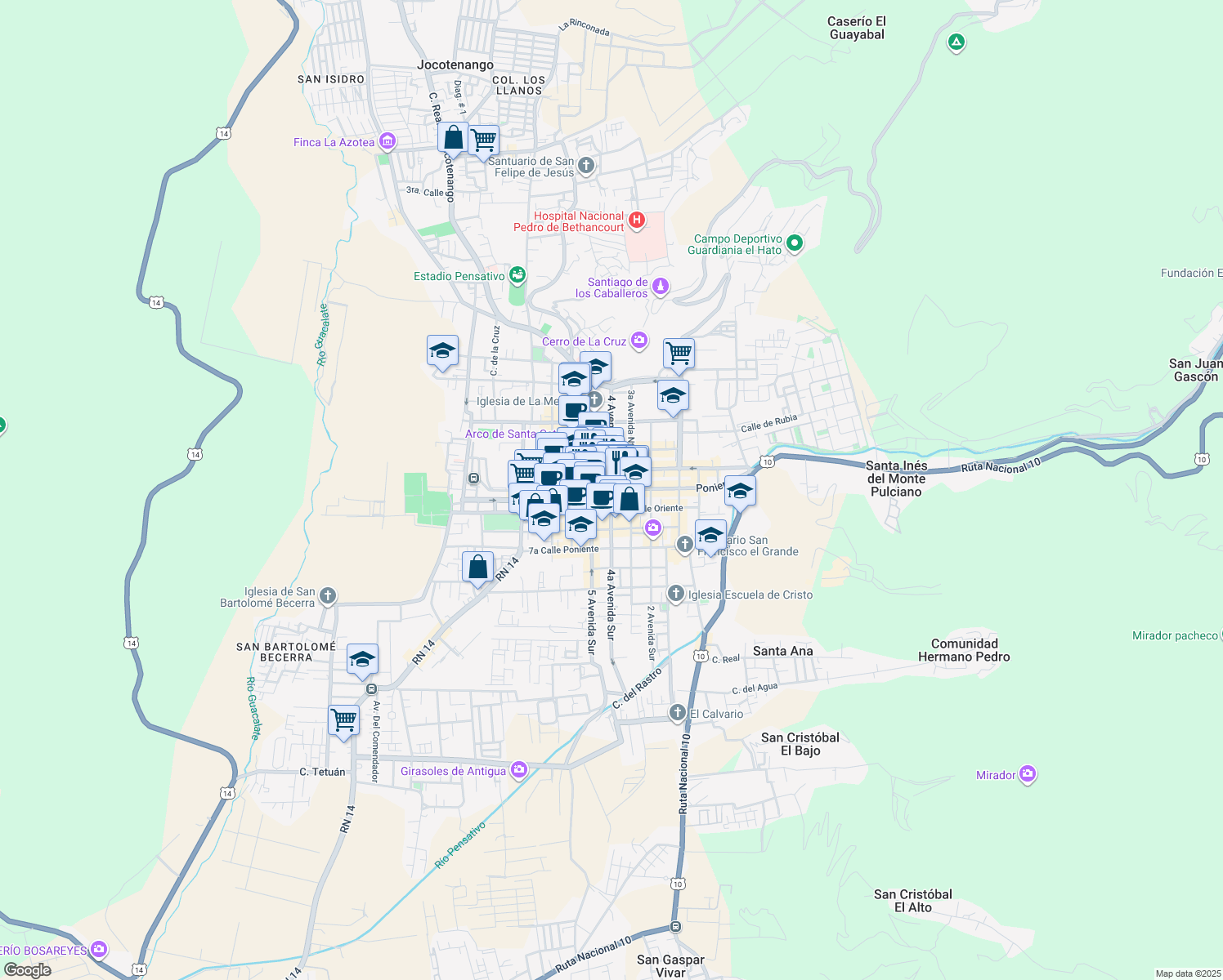 map of restaurants, bars, coffee shops, grocery stores, and more near 13 Calle in Guatemala