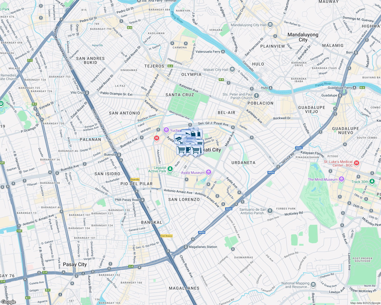 map of restaurants, bars, coffee shops, grocery stores, and more near 6786 Ayala Avenue in Makati