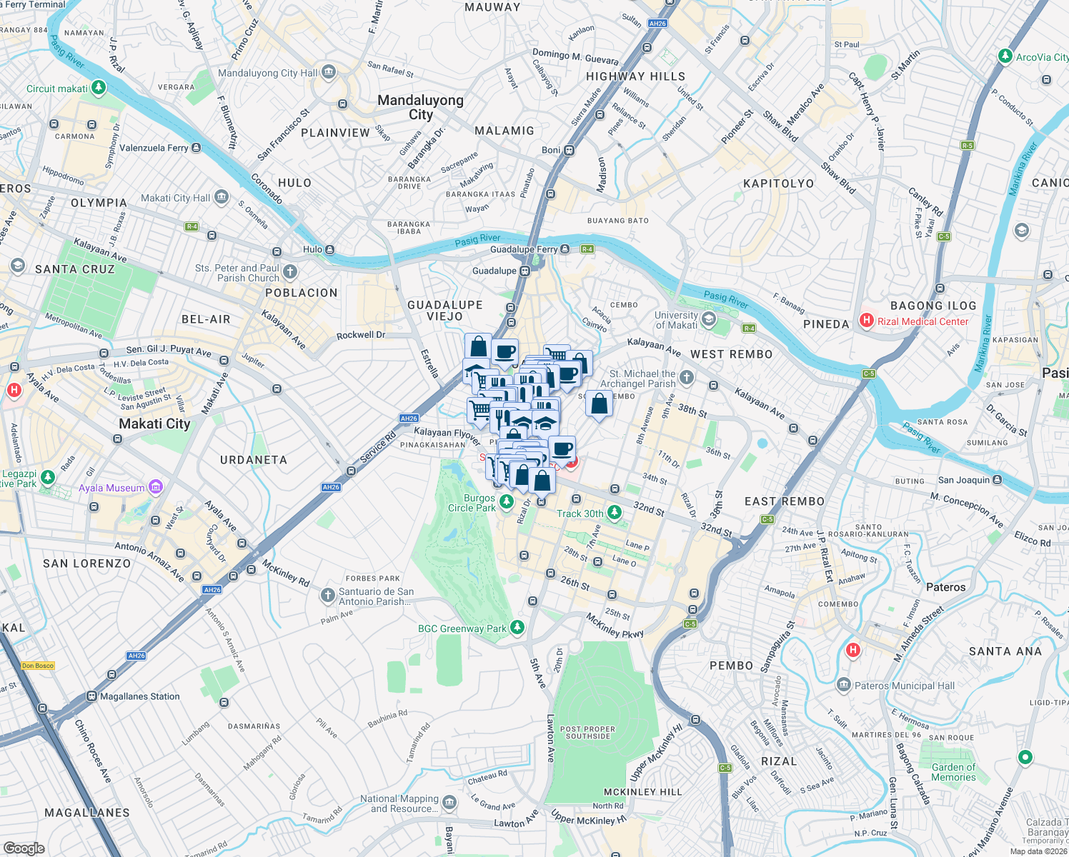 map of restaurants, bars, coffee shops, grocery stores, and more near in Makati