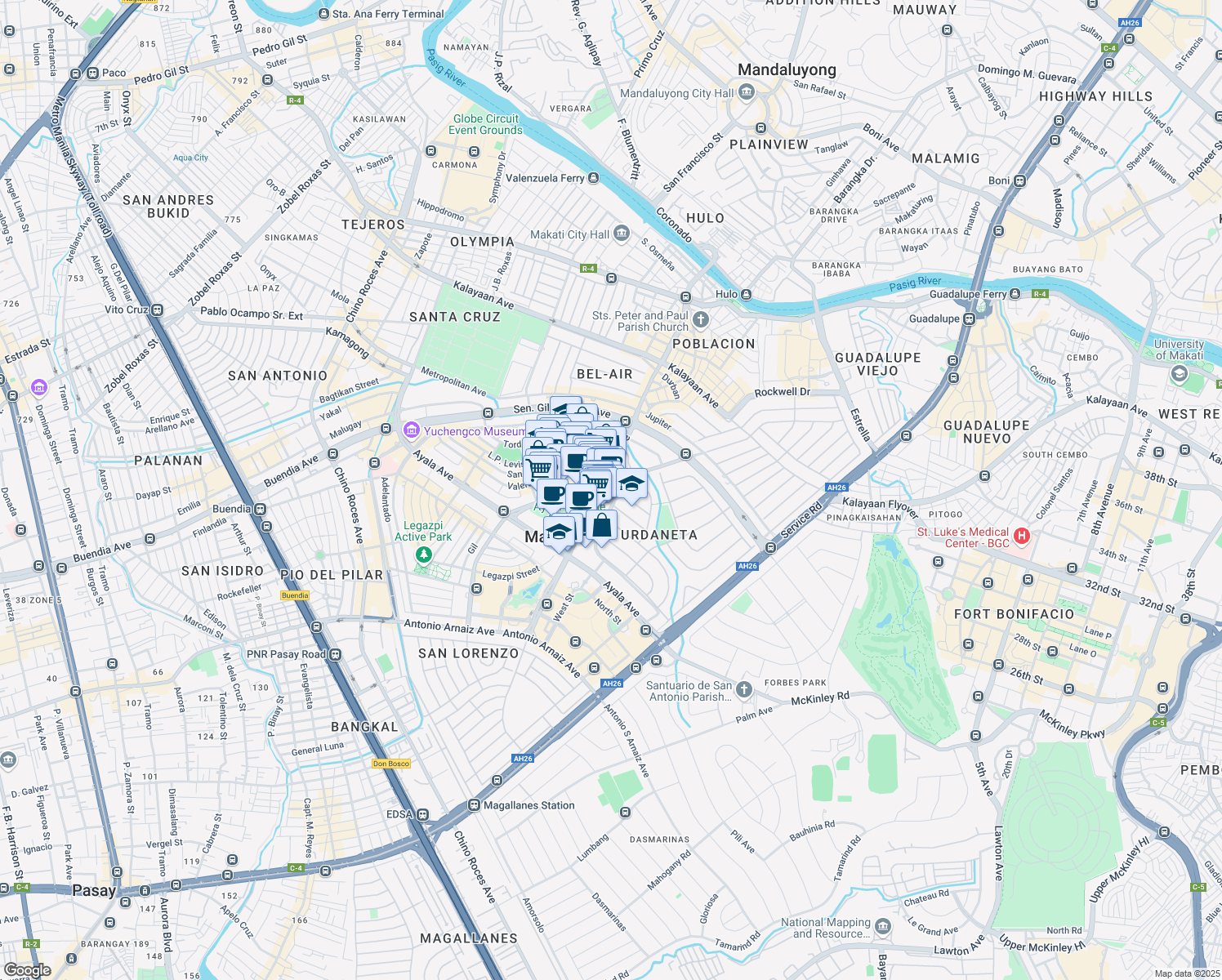 map of restaurants, bars, coffee shops, grocery stores, and more near Paseo de Roxas in Makati