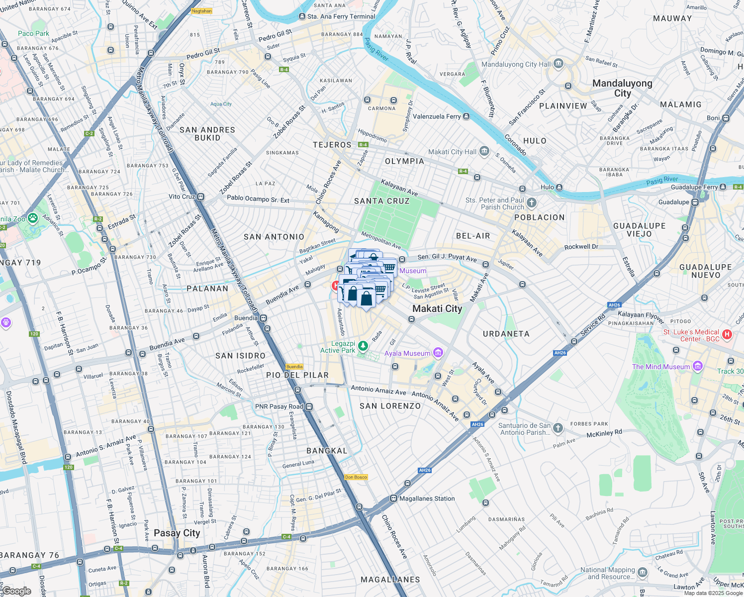 map of restaurants, bars, coffee shops, grocery stores, and more near 6786 Ayala Avenue in Makati
