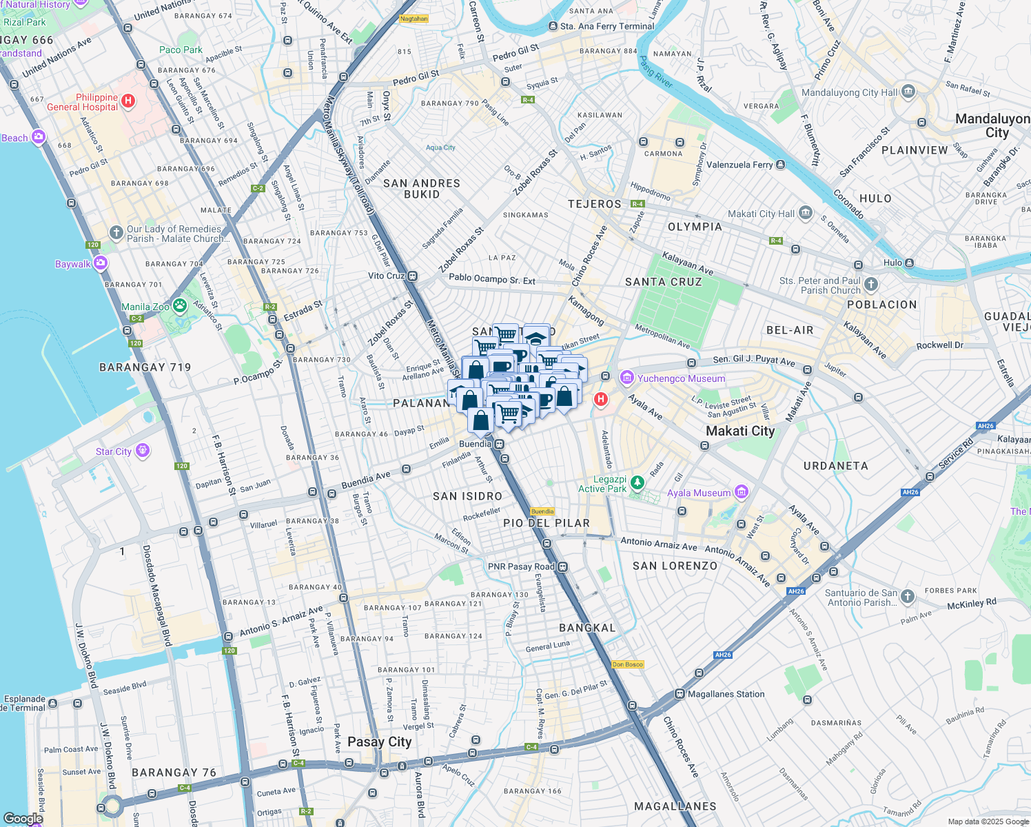 map of restaurants, bars, coffee shops, grocery stores, and more near 213 Sen. Gil J. Puyat Avenue in Makati
