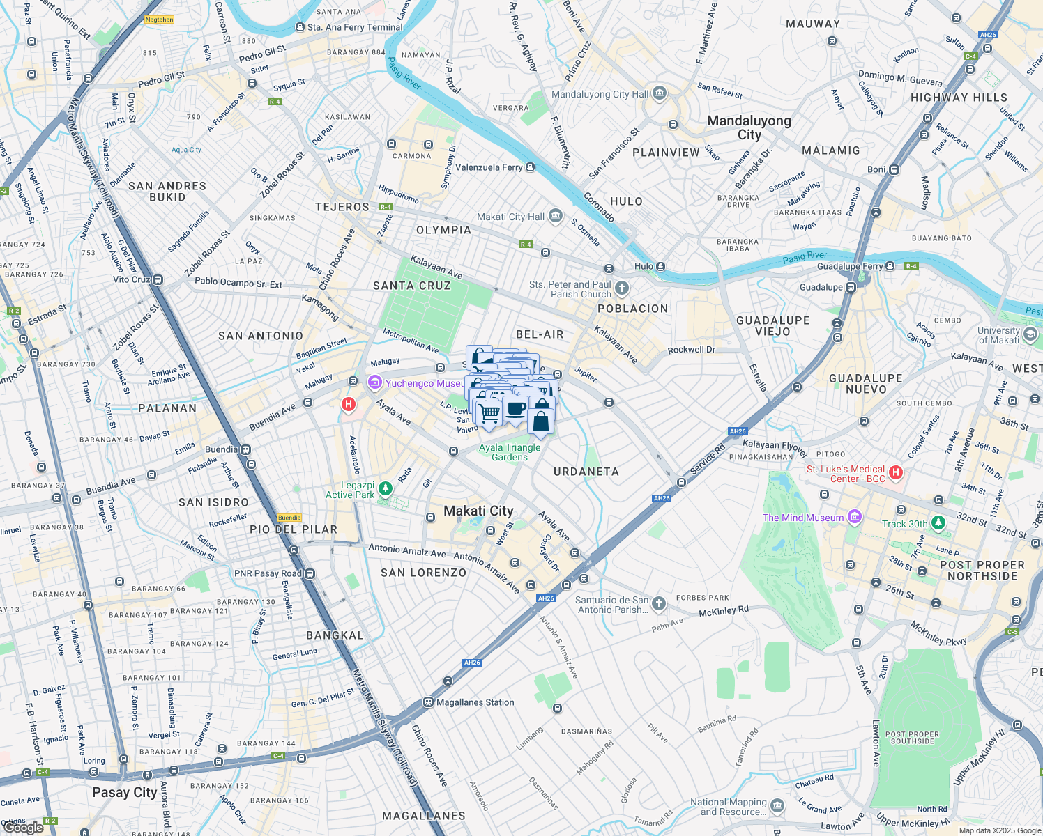 map of restaurants, bars, coffee shops, grocery stores, and more near 8741 Paseo de Roxas in Makati