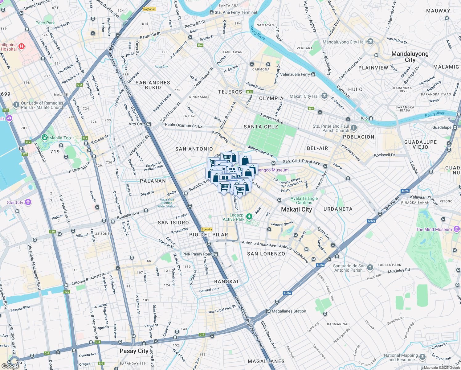 map of restaurants, bars, coffee shops, grocery stores, and more near 2 Amorsolo Street in Makati