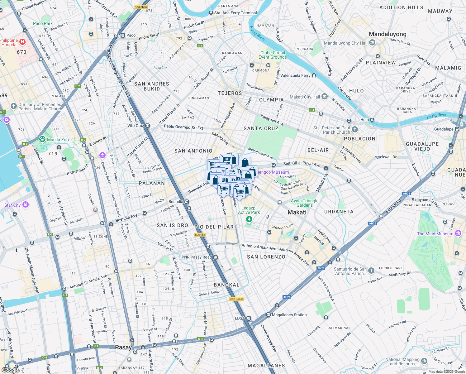 map of restaurants, bars, coffee shops, grocery stores, and more near 2 Amorsolo Street in Makati