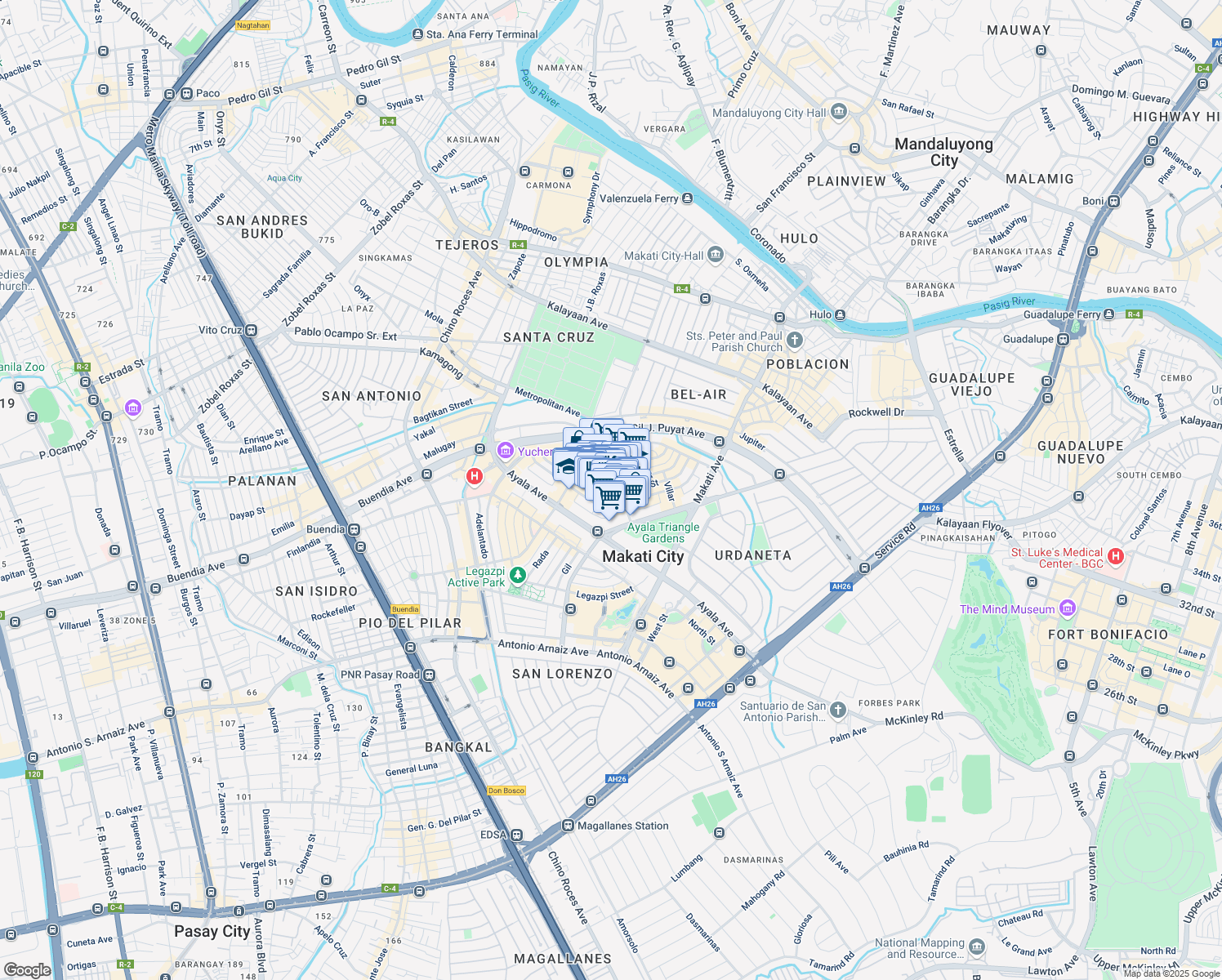 map of restaurants, bars, coffee shops, grocery stores, and more near 130 L.P. Leviste Street in Makati City