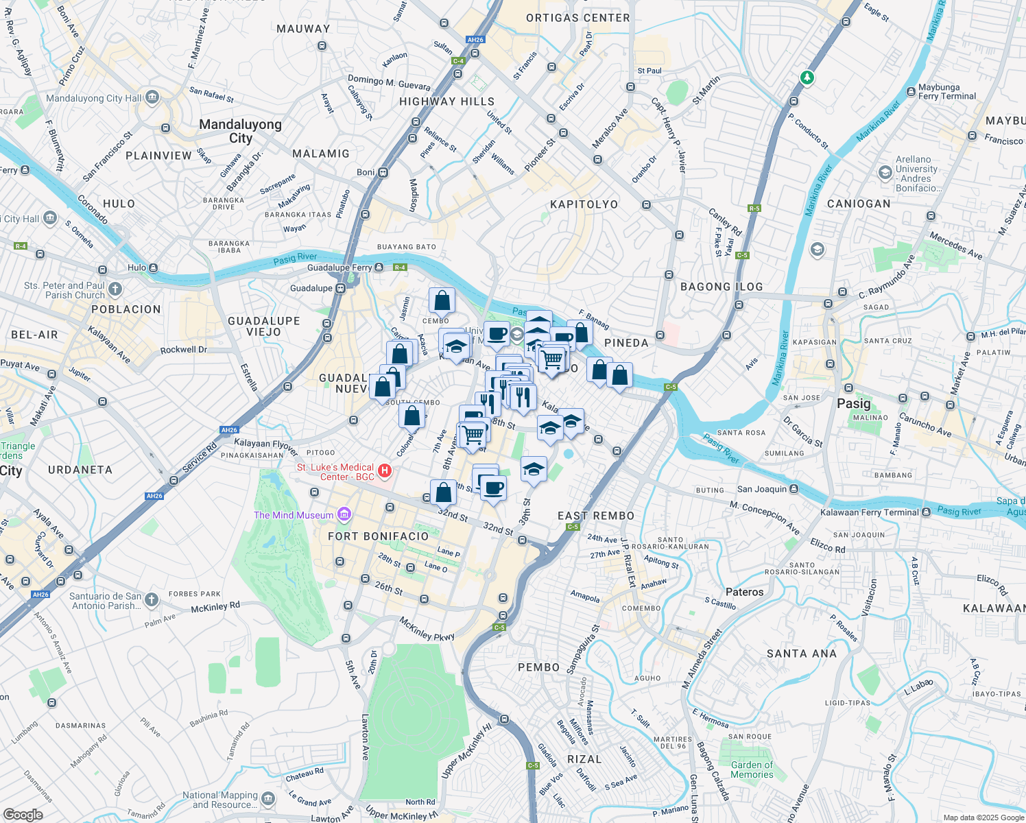 map of restaurants, bars, coffee shops, grocery stores, and more near 11th Avenue in Taguig