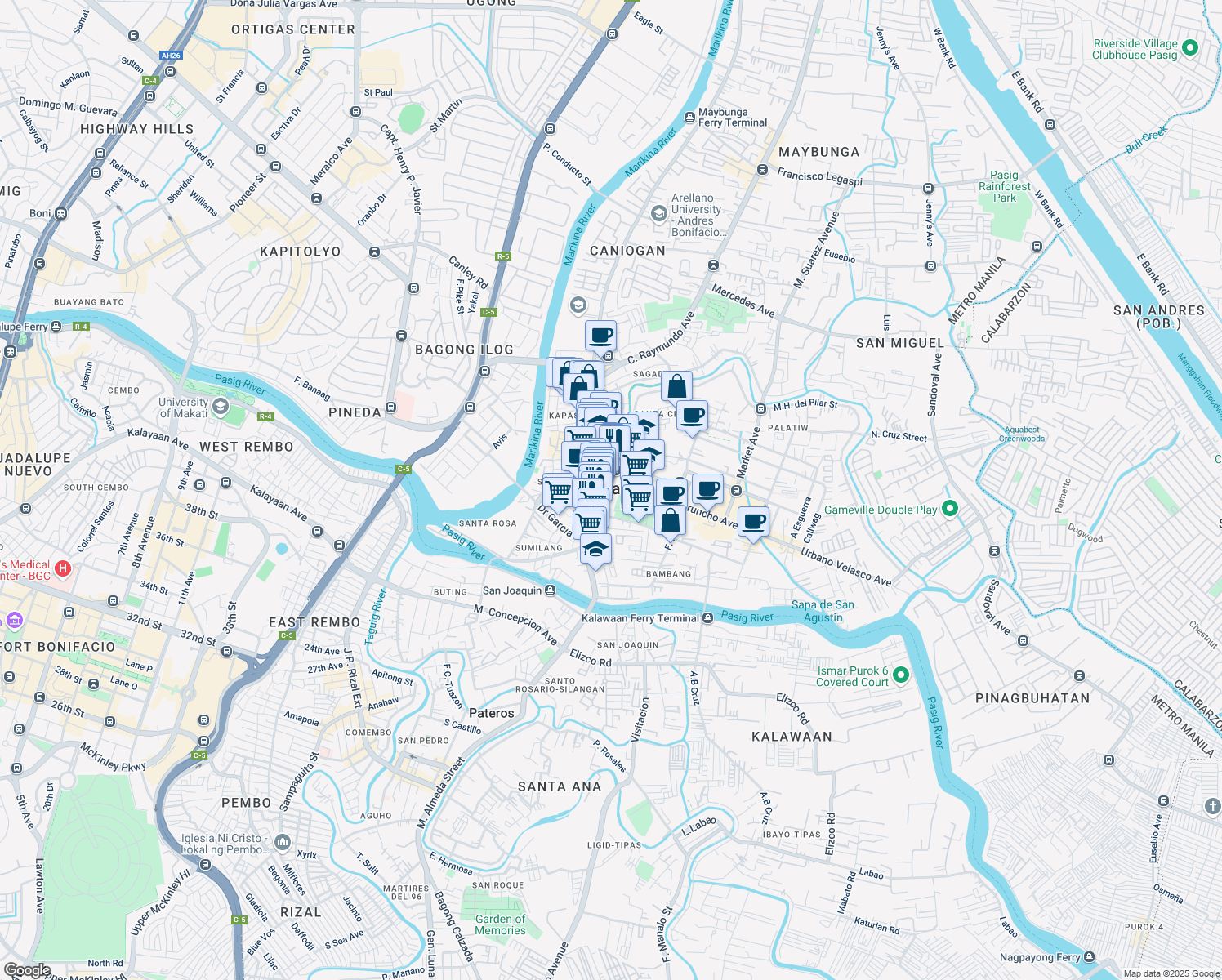 map of restaurants, bars, coffee shops, grocery stores, and more near Justice Ramon Jabson St., Malinao R. Jabson St in Pasig City
