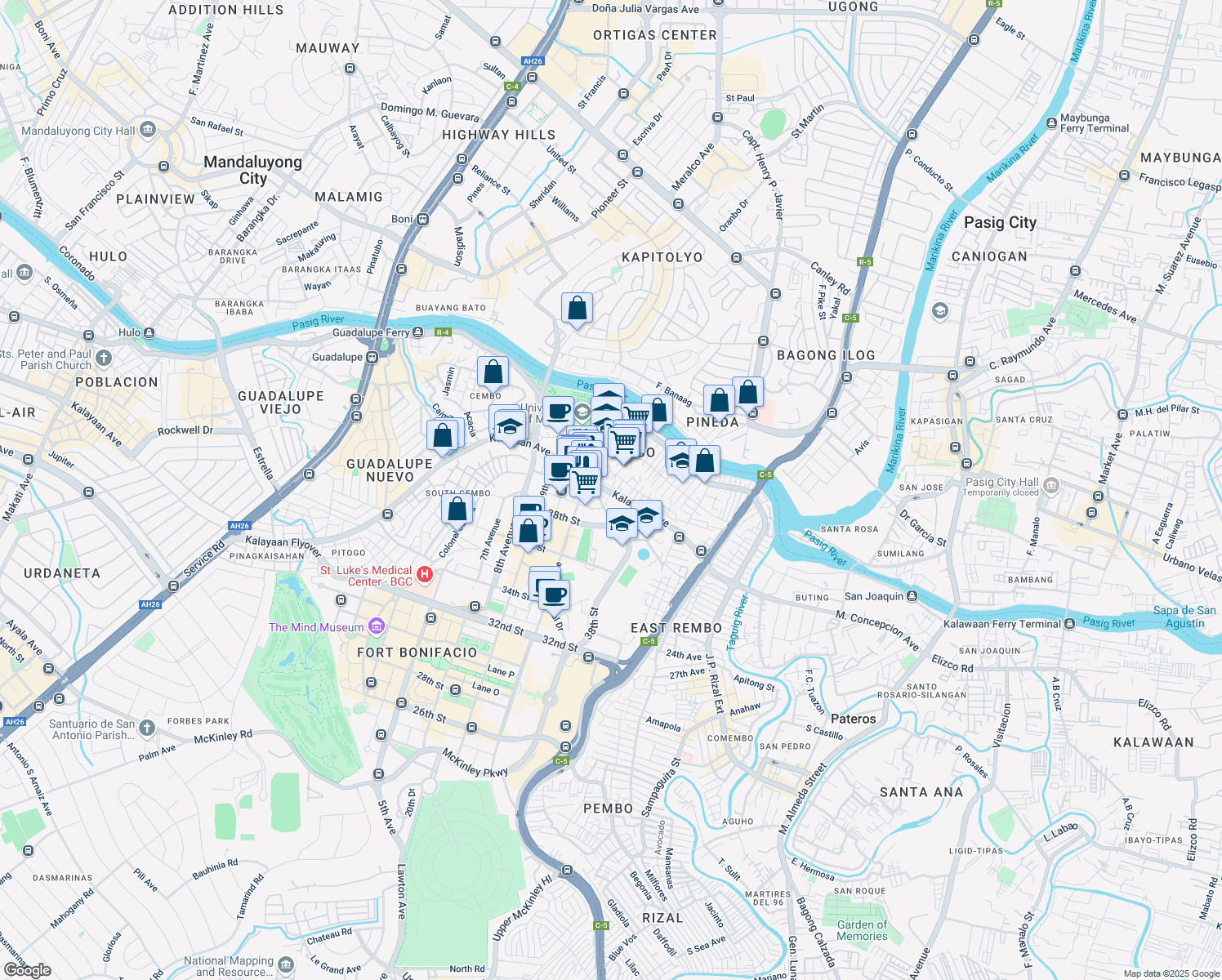 map of restaurants, bars, coffee shops, grocery stores, and more near 167 Pili Block 5 Pili Avenue in Makati City