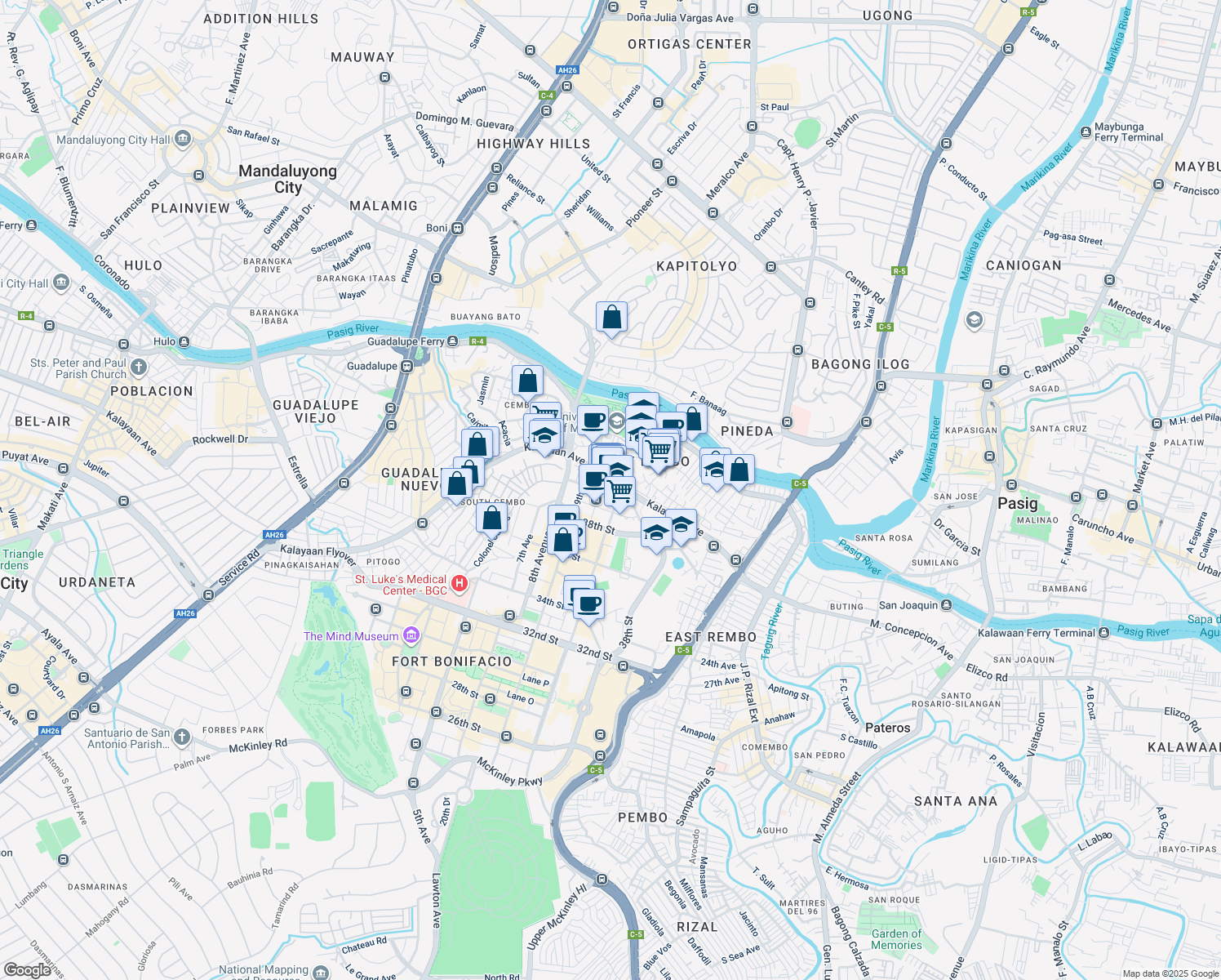 map of restaurants, bars, coffee shops, grocery stores, and more near 10th Avenue in Taguig