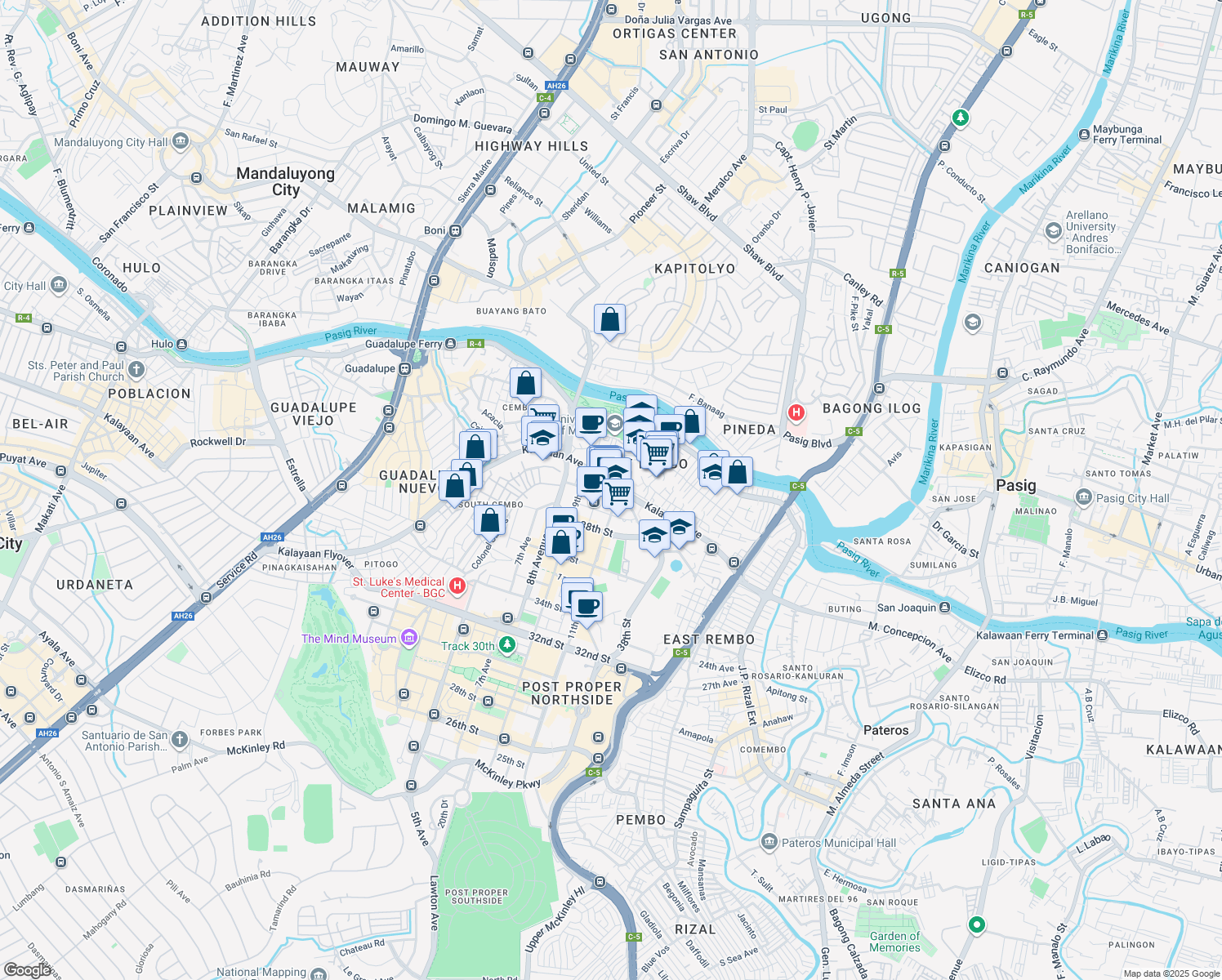 map of restaurants, bars, coffee shops, grocery stores, and more near 10th Avenue in Taguig