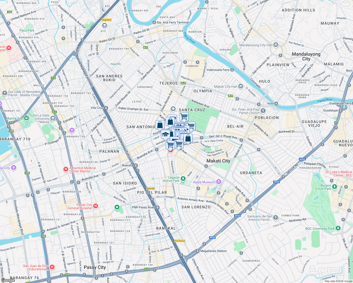 map of restaurants, bars, coffee shops, grocery stores, and more near Buendia Avenue in Makati