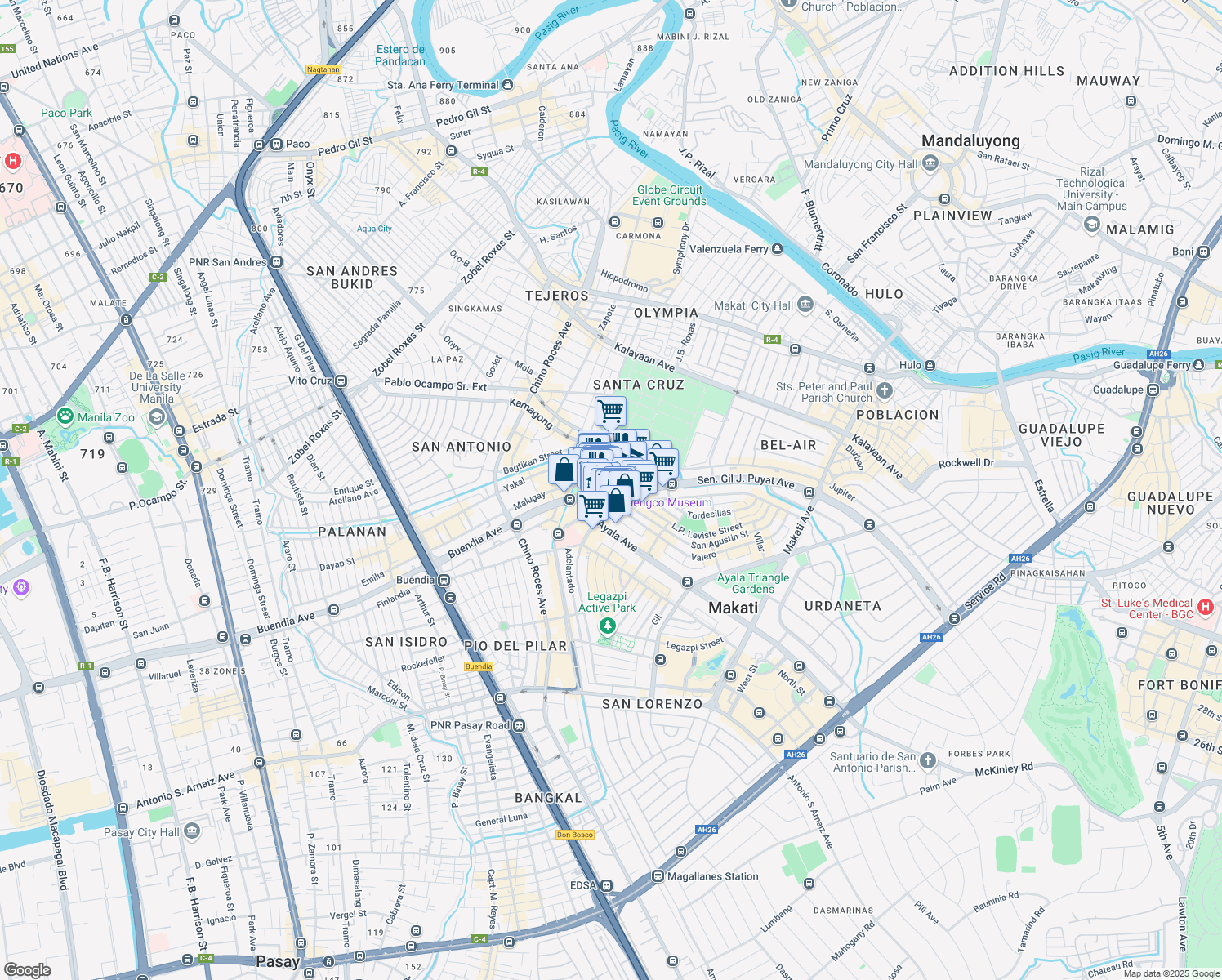 map of restaurants, bars, coffee shops, grocery stores, and more near Zuellig Loop in Makati City