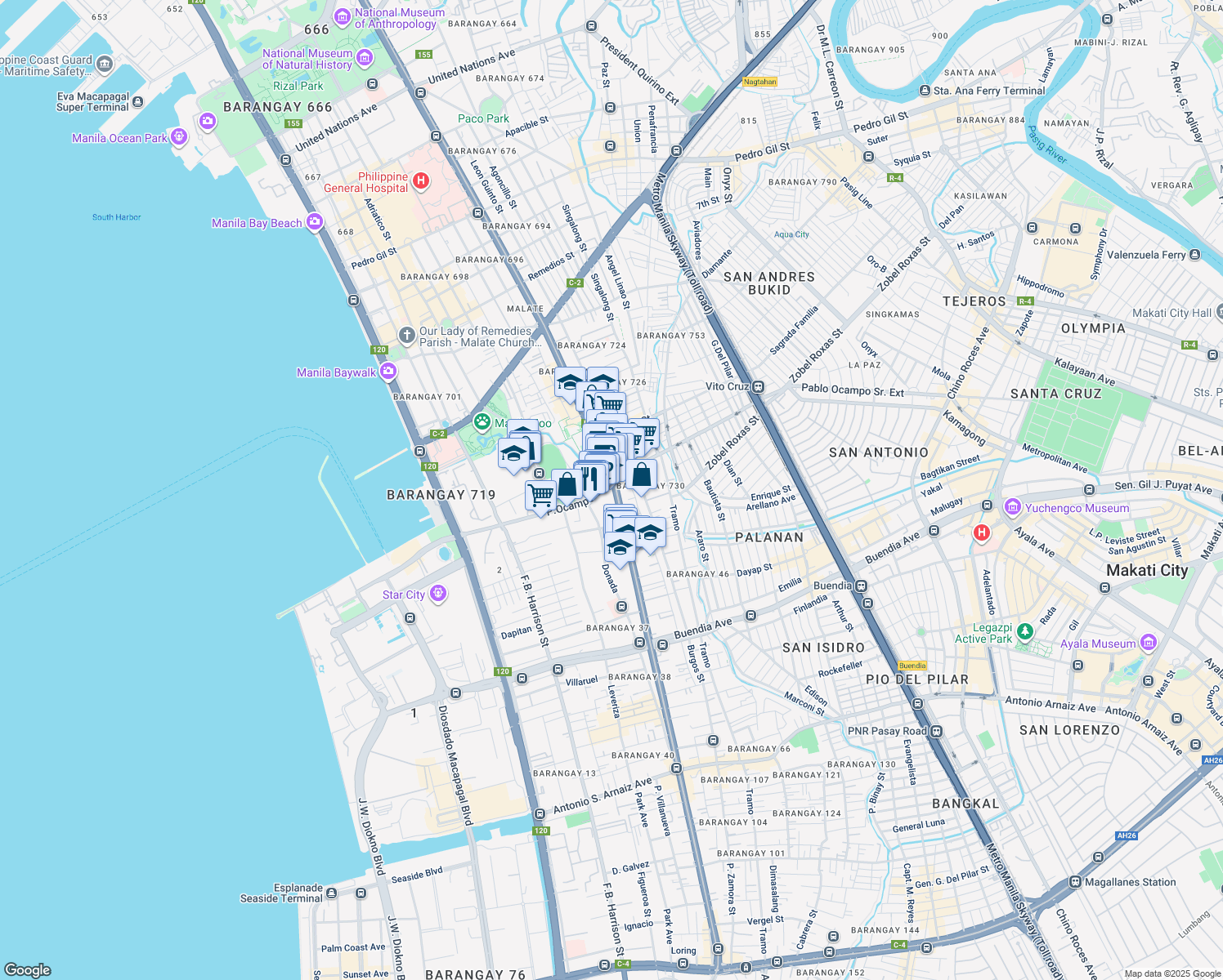 map of restaurants, bars, coffee shops, grocery stores, and more near 952 Juan Luna Street in Manila