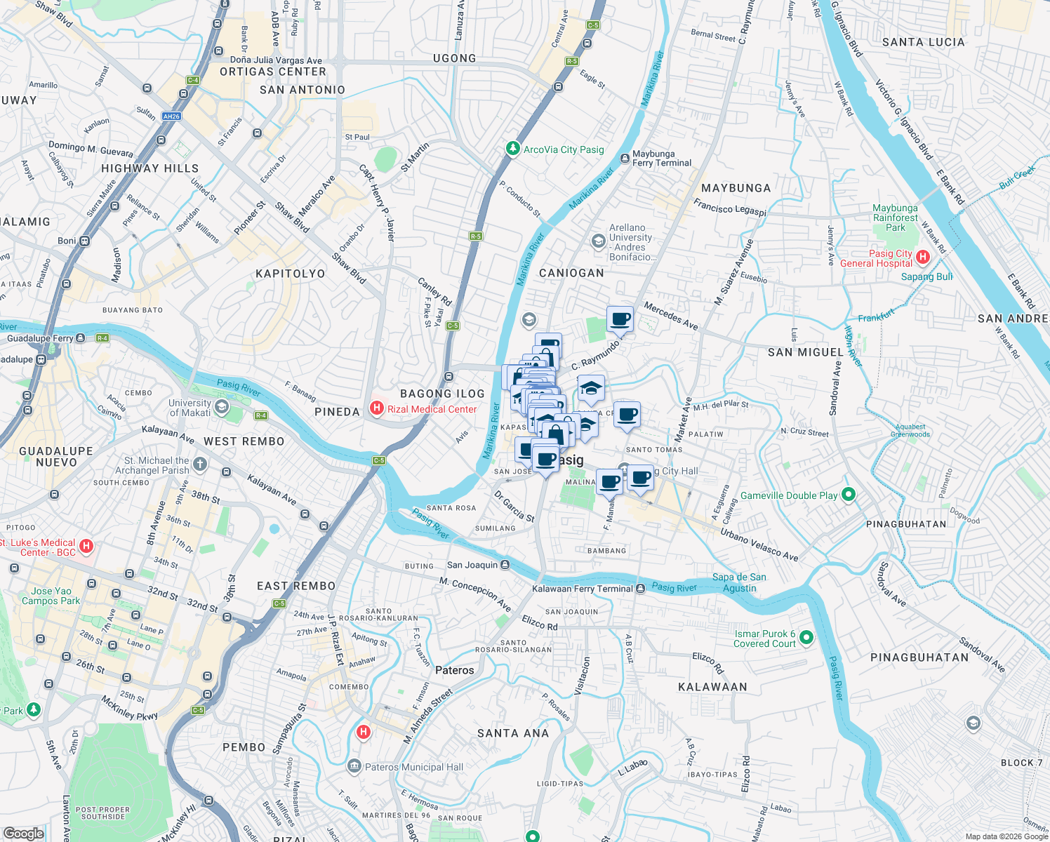 map of restaurants, bars, coffee shops, grocery stores, and more near Blumentritt Street in Pasig City