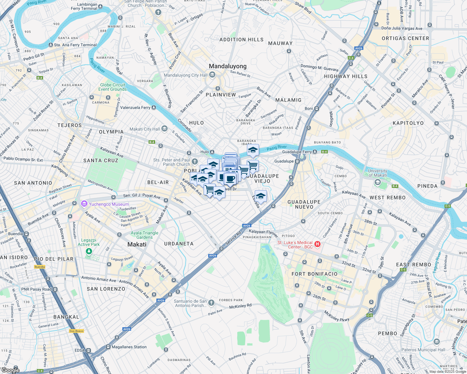 map of restaurants, bars, coffee shops, grocery stores, and more near 21/F Plaza Drive in Makati