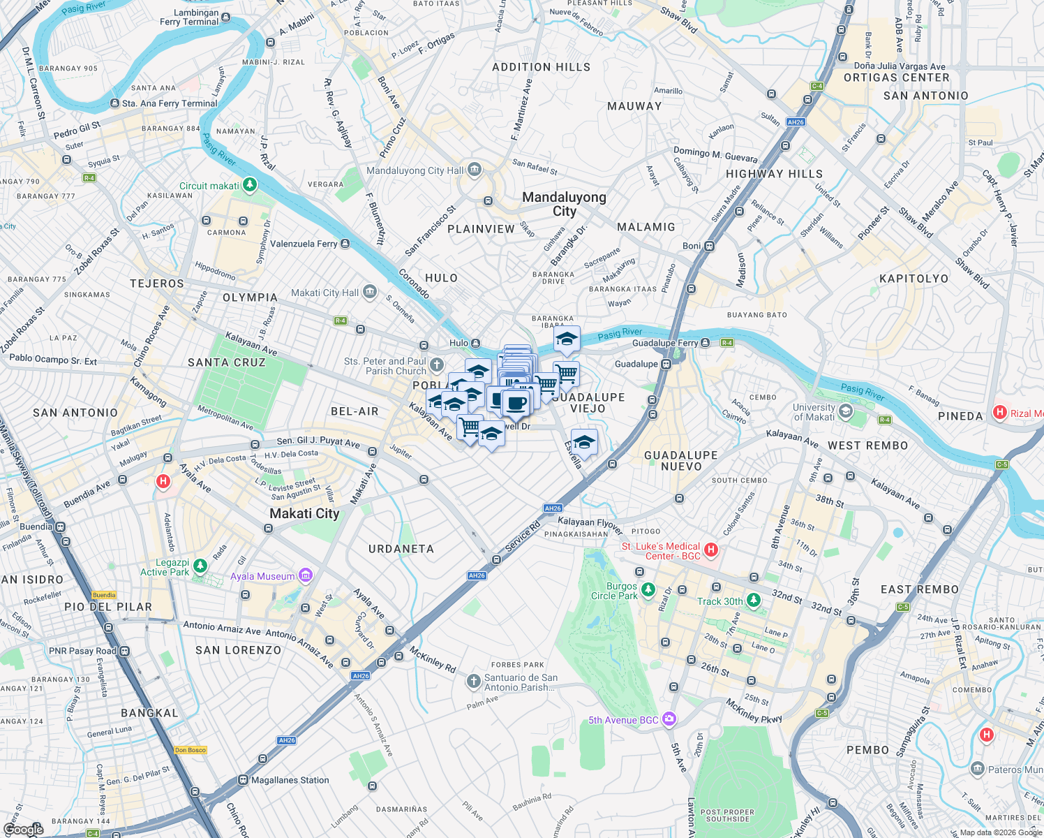 map of restaurants, bars, coffee shops, grocery stores, and more near 721 Plaza Drive in Makati