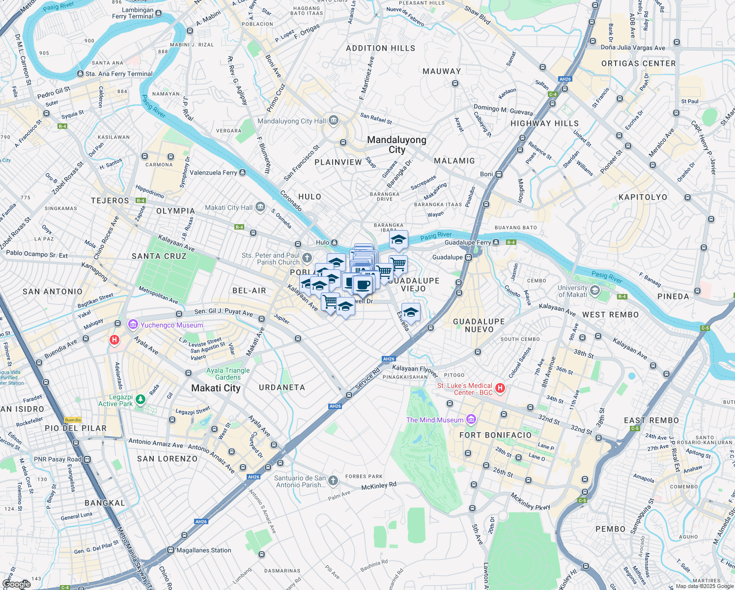 map of restaurants, bars, coffee shops, grocery stores, and more near 21/F Plaza Drive in Makati