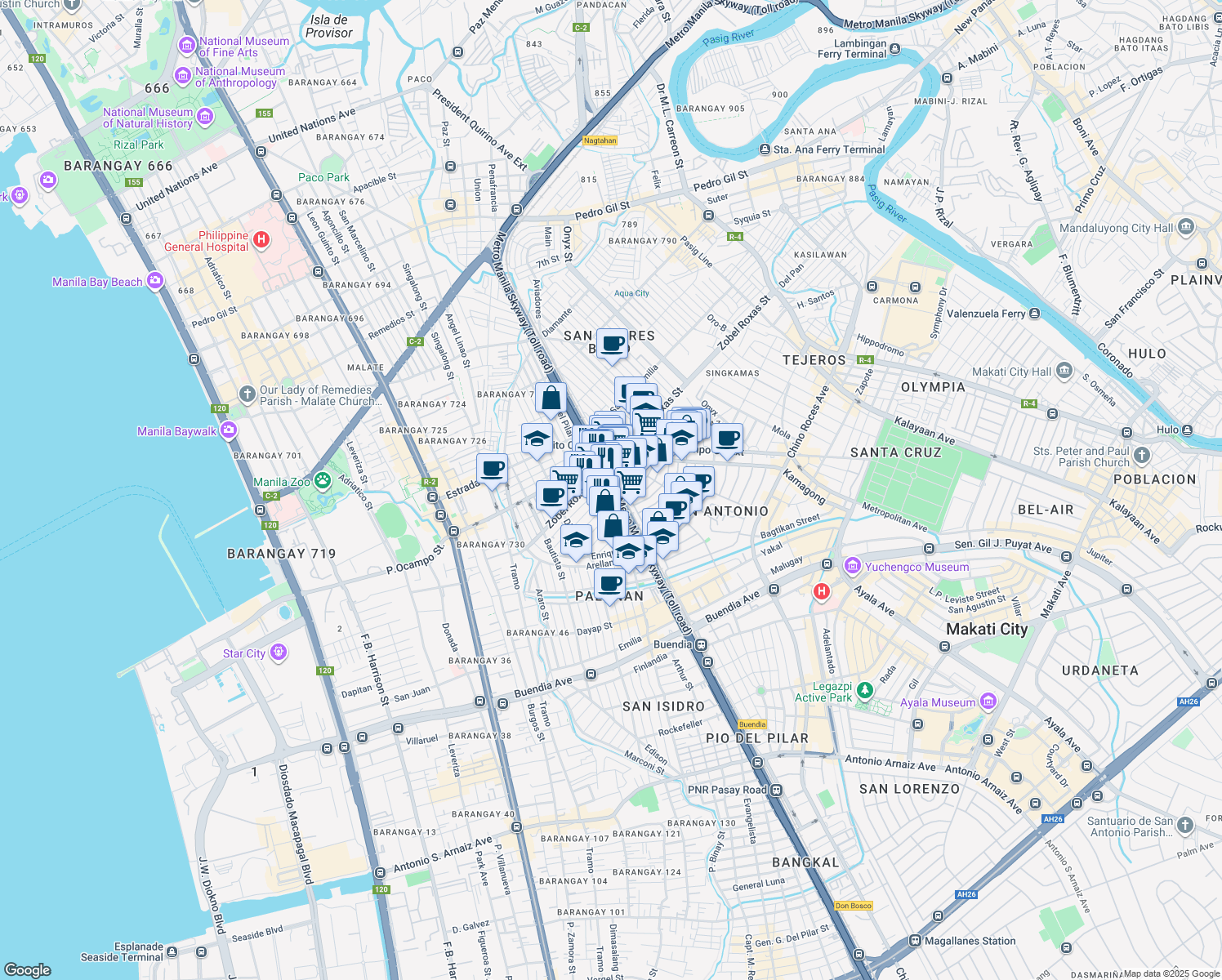 map of restaurants, bars, coffee shops, grocery stores, and more near Radial Route 3 in Manila