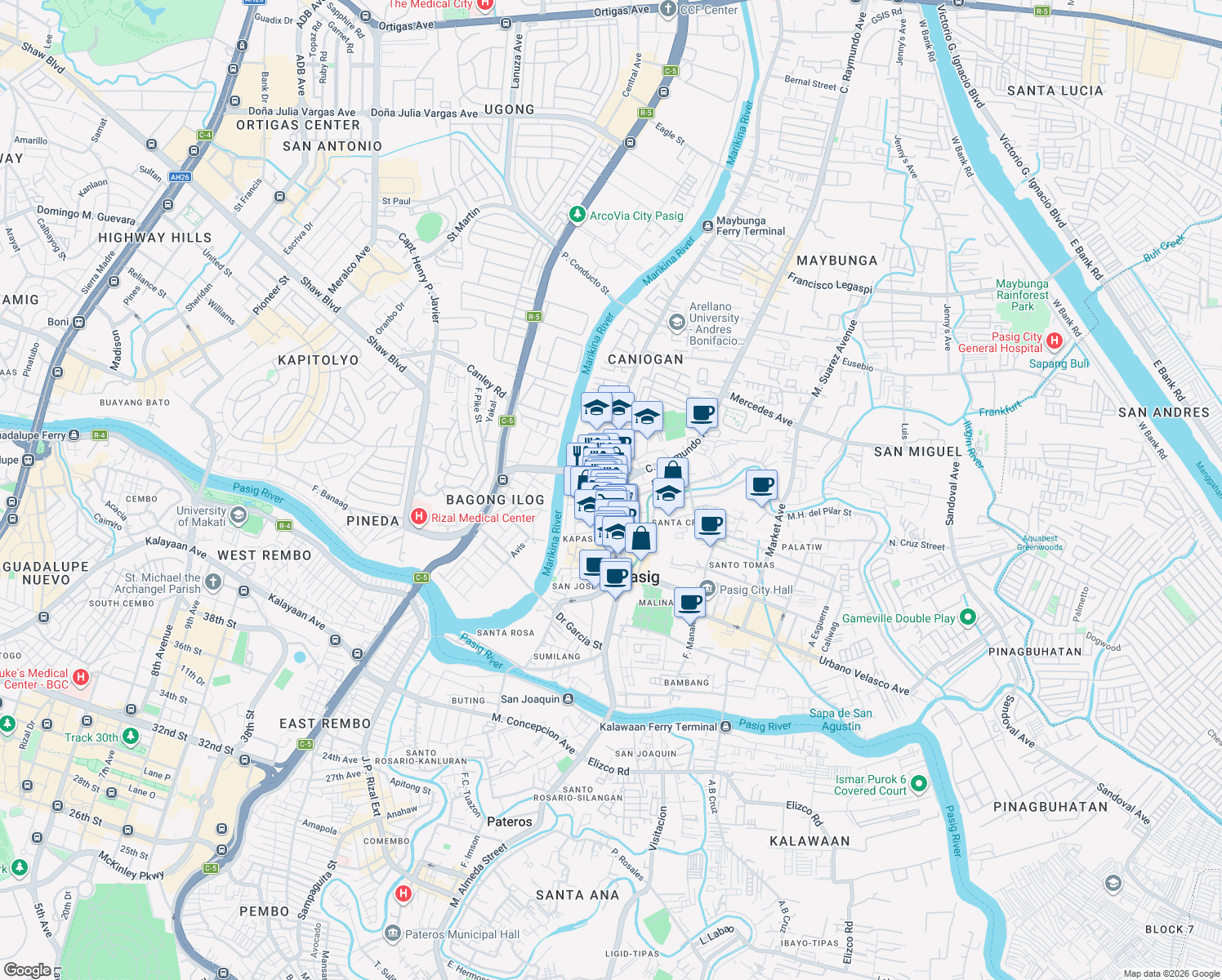 map of restaurants, bars, coffee shops, grocery stores, and more near Dr Maldo del Rosario in Pasig City