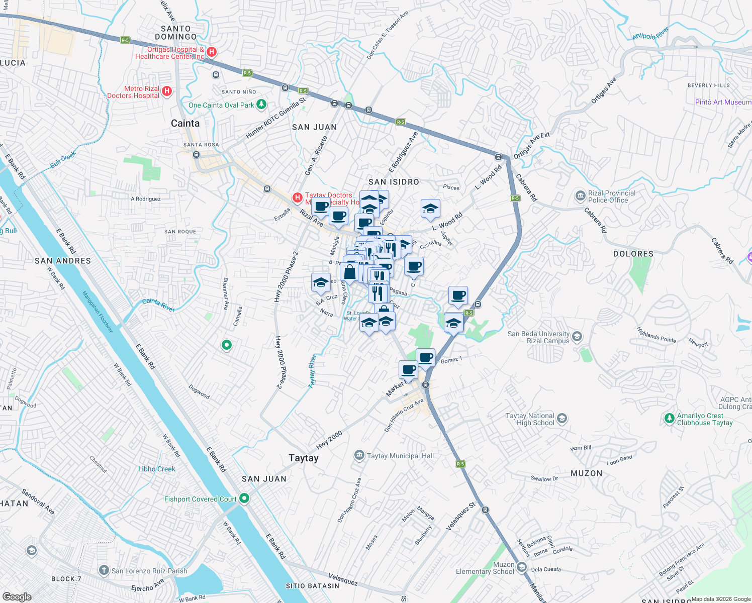 map of restaurants, bars, coffee shops, grocery stores, and more near Rizal Avenue in Taytay