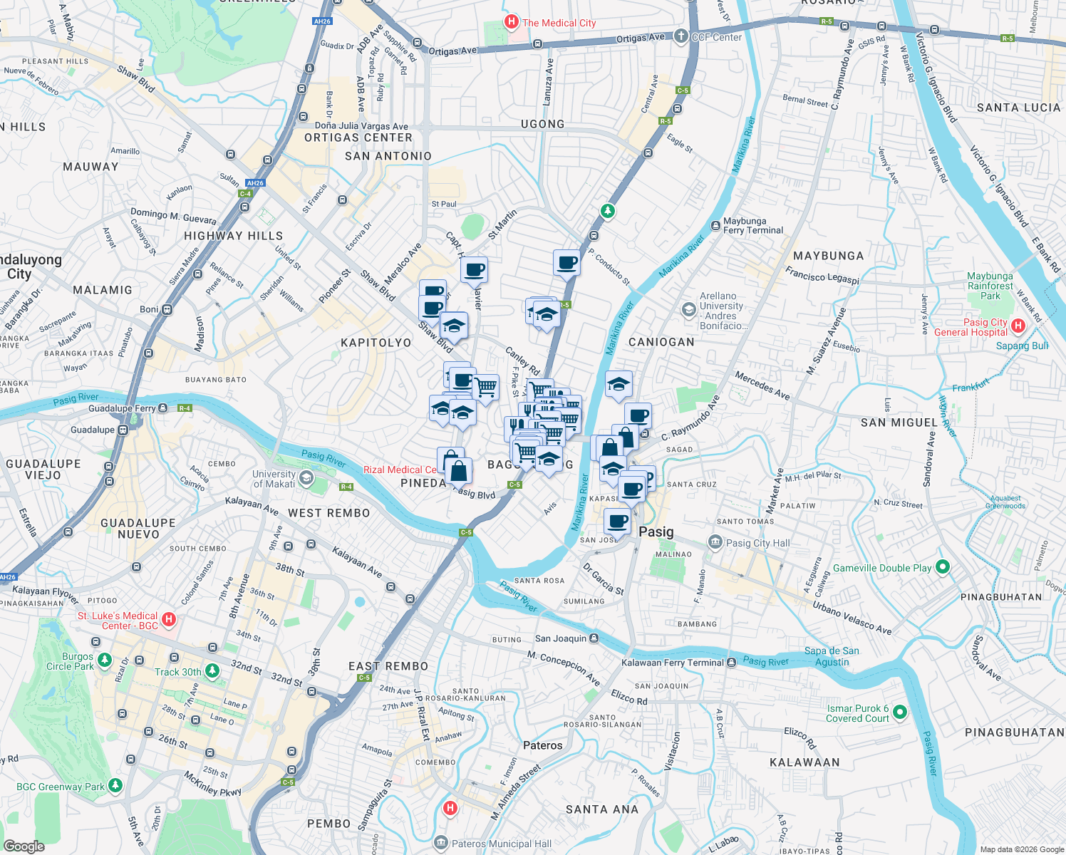 map of restaurants, bars, coffee shops, grocery stores, and more near 3 Eulogio Rodriguez Jr. Avenue in Pasig