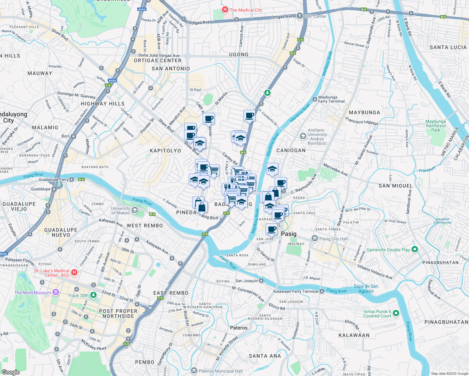 map of restaurants, bars, coffee shops, grocery stores, and more near 3 Eulogio Rodriguez Jr. Avenue in Pasig