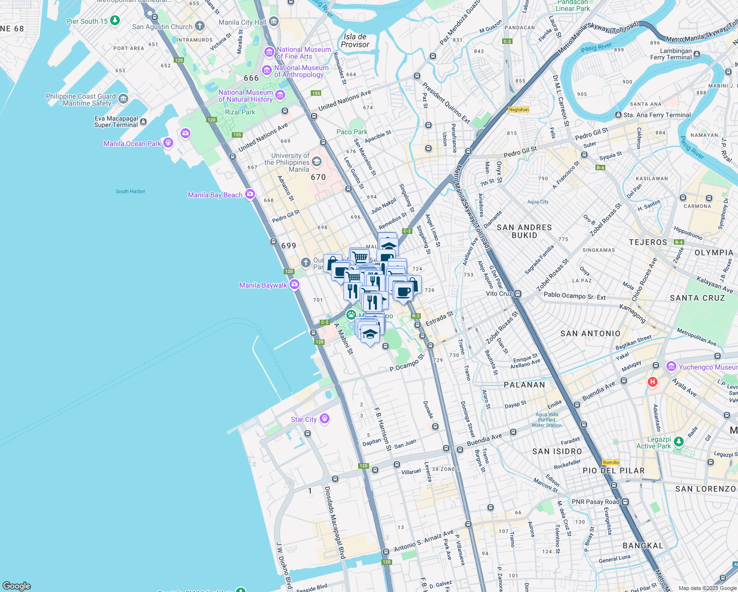 map of restaurants, bars, coffee shops, grocery stores, and more near Leveriza in Manila