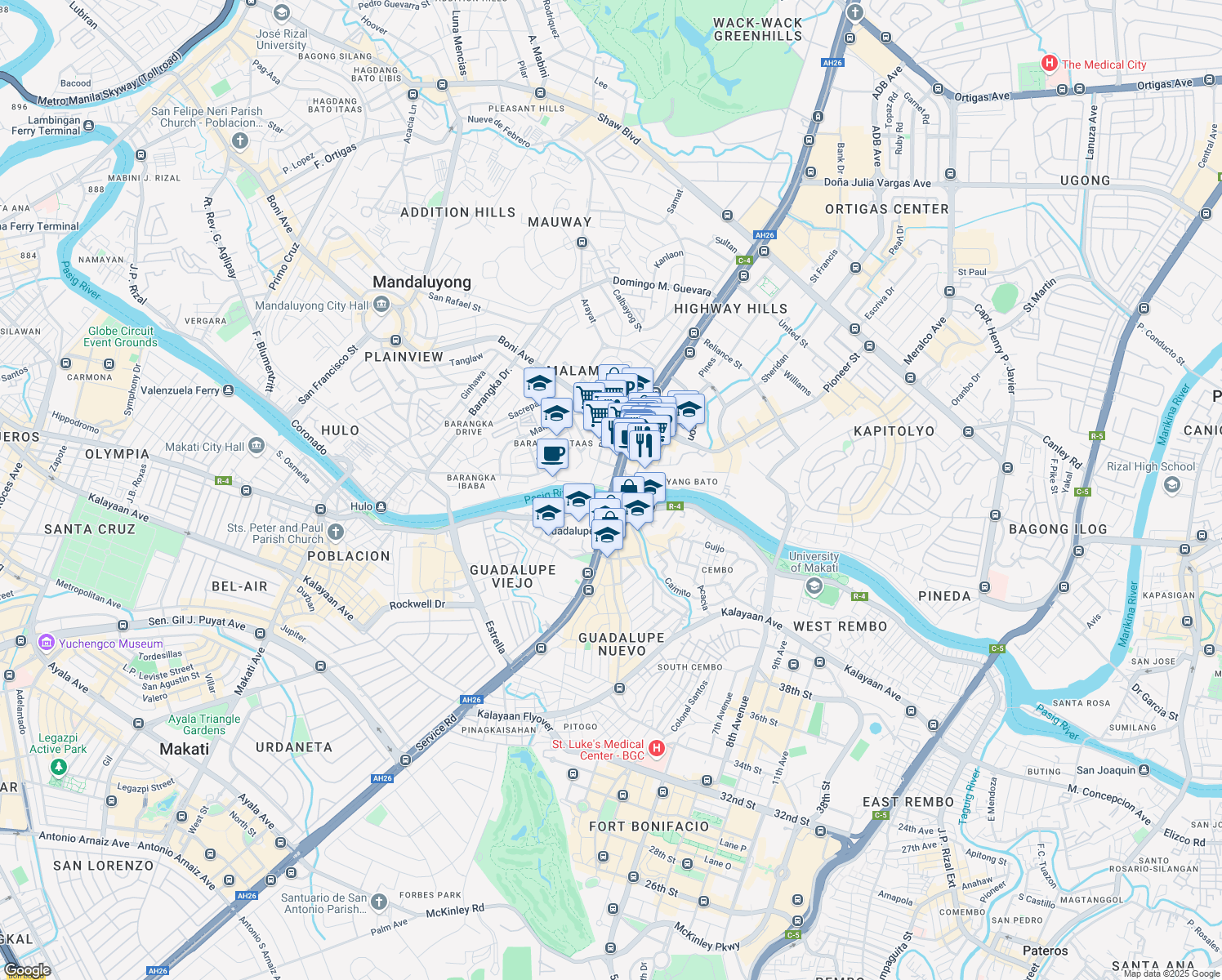 map of restaurants, bars, coffee shops, grocery stores, and more near 3 Epifanio de los Santos Avenue in Mandaluyong
