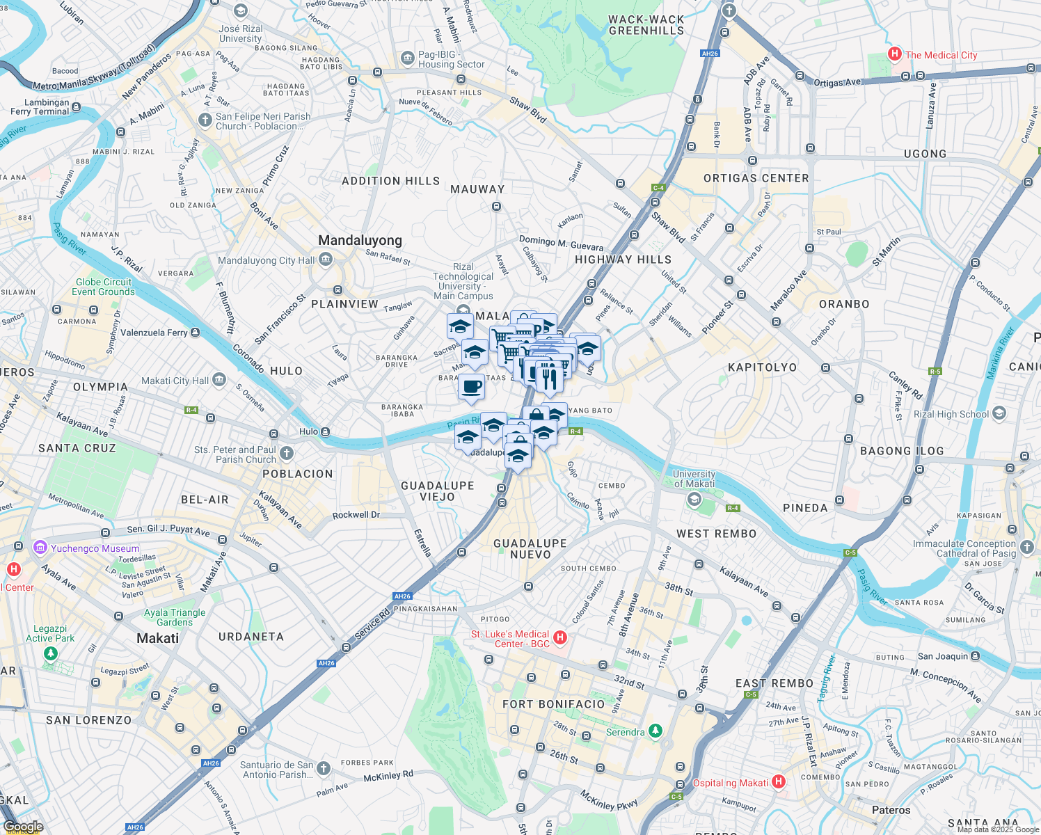 map of restaurants, bars, coffee shops, grocery stores, and more near 3 Epifanio de los Santos Avenue in Mandaluyong