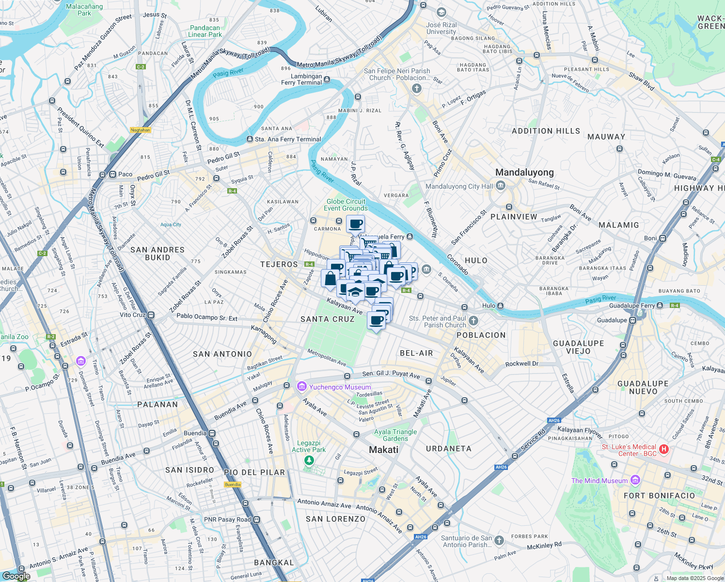 map of restaurants, bars, coffee shops, grocery stores, and more near Legaspi in Manila