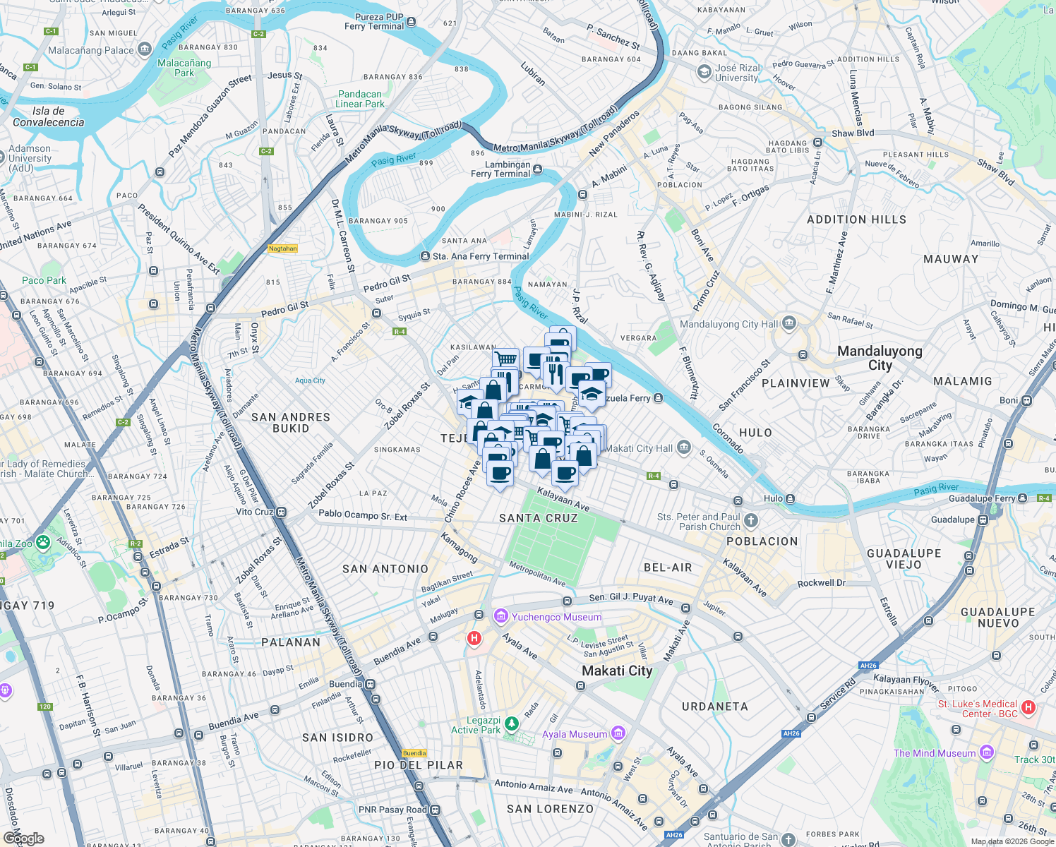 map of restaurants, bars, coffee shops, grocery stores, and more near in Makati