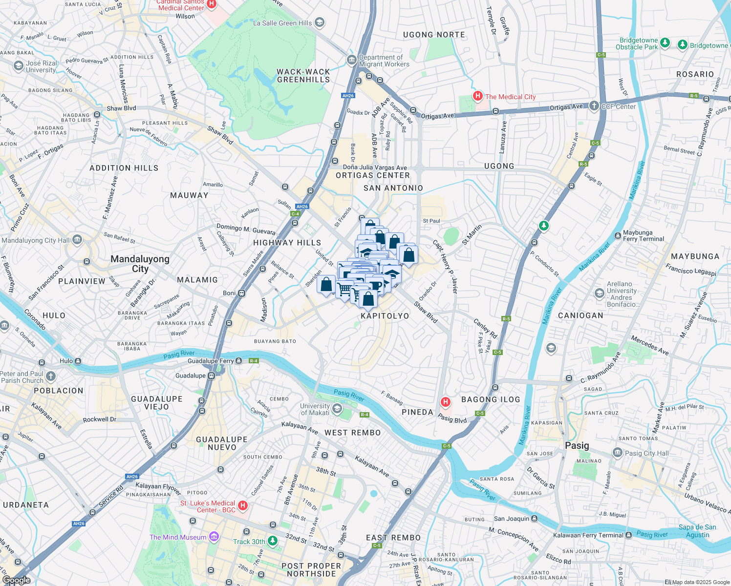 map of restaurants, bars, coffee shops, grocery stores, and more near 66 United Street in Mandaluyong