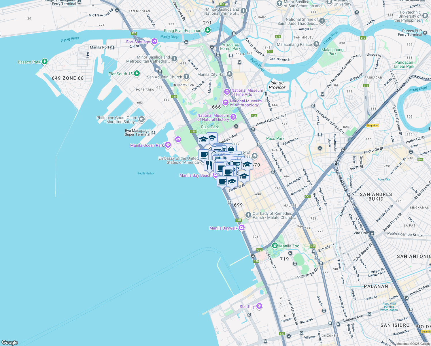 map of restaurants, bars, coffee shops, grocery stores, and more near 1300 Roxas Boulevard in Manila