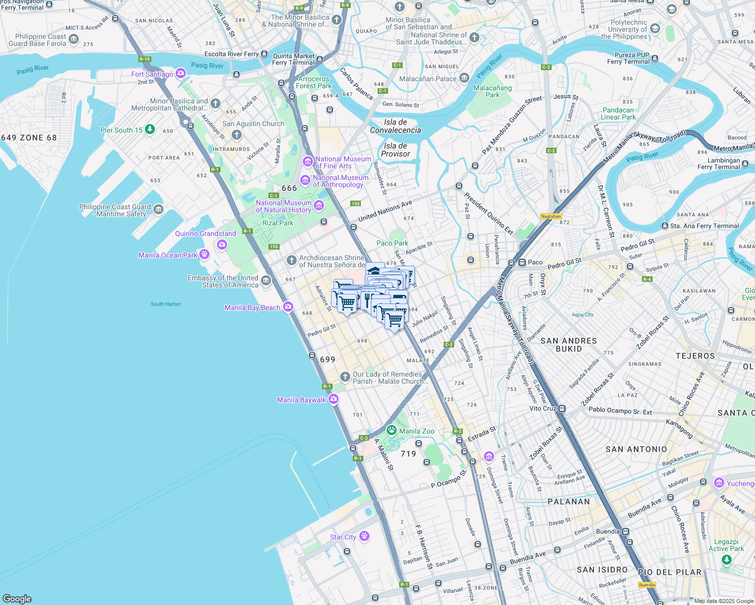 map of restaurants, bars, coffee shops, grocery stores, and more near 623 Pedro Gil Street in Manila