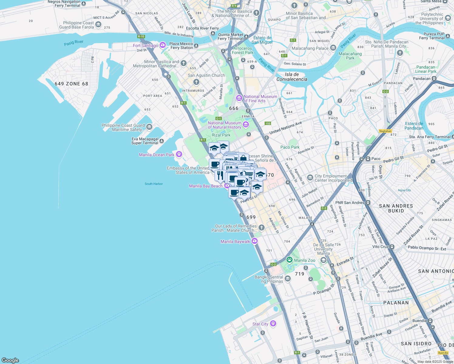 map of restaurants, bars, coffee shops, grocery stores, and more near 1300 Roxas Boulevard in Manila