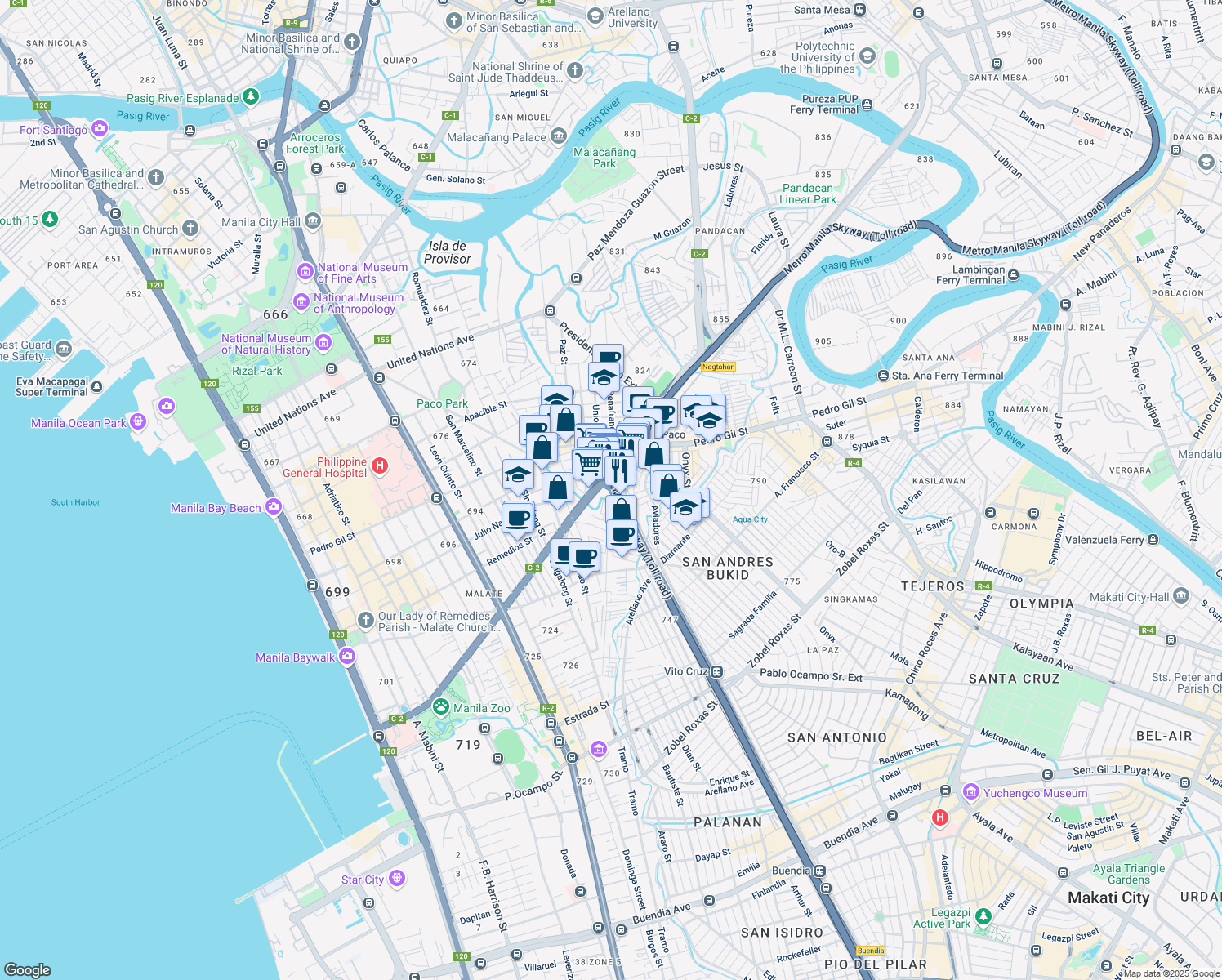 map of restaurants, bars, coffee shops, grocery stores, and more near 1203 Radial Road 2 in Manila