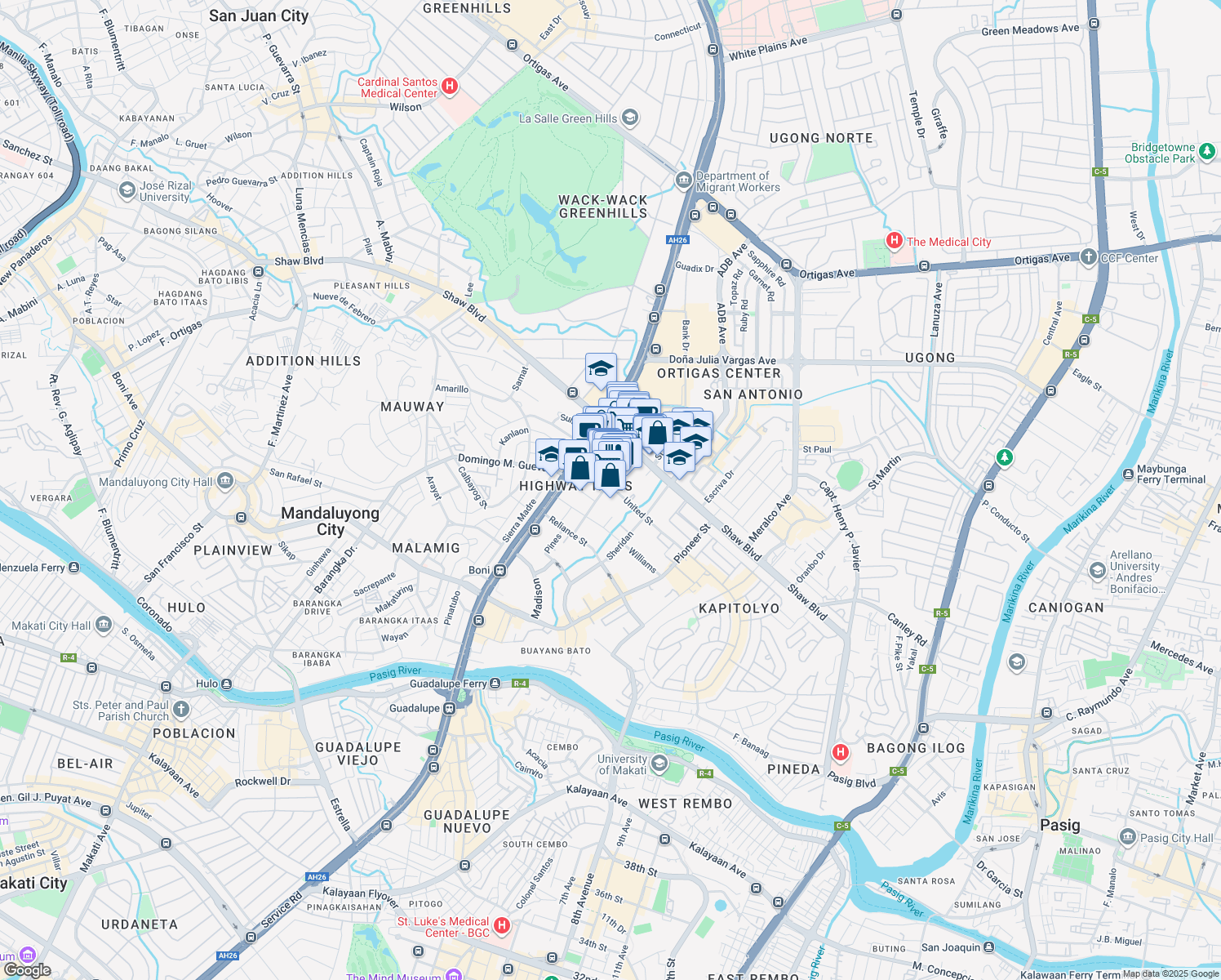 map of restaurants, bars, coffee shops, grocery stores, and more near 66 United Street in Mandaluyong