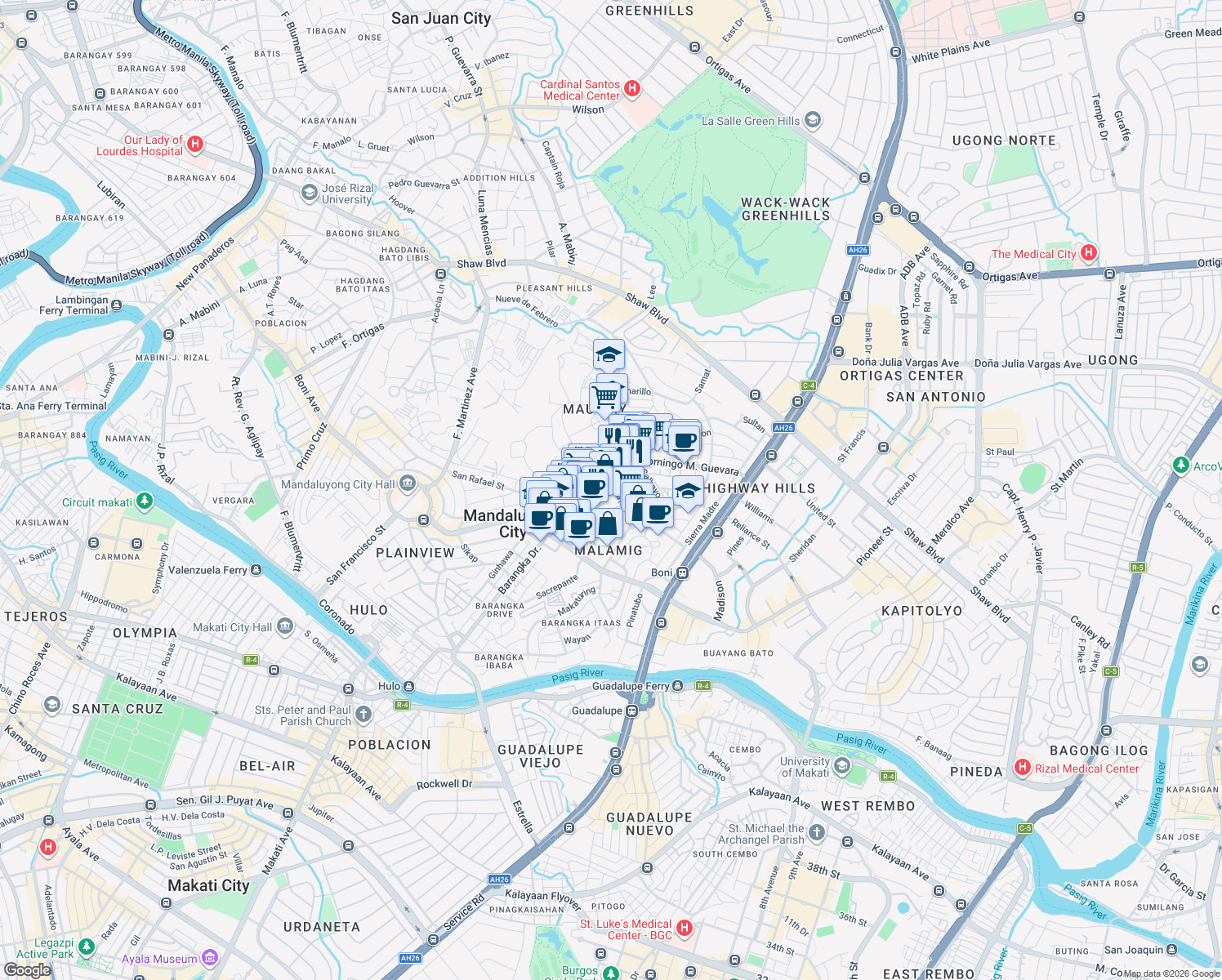 map of restaurants, bars, coffee shops, grocery stores, and more near 14 Talumpong in Mandaluyong City