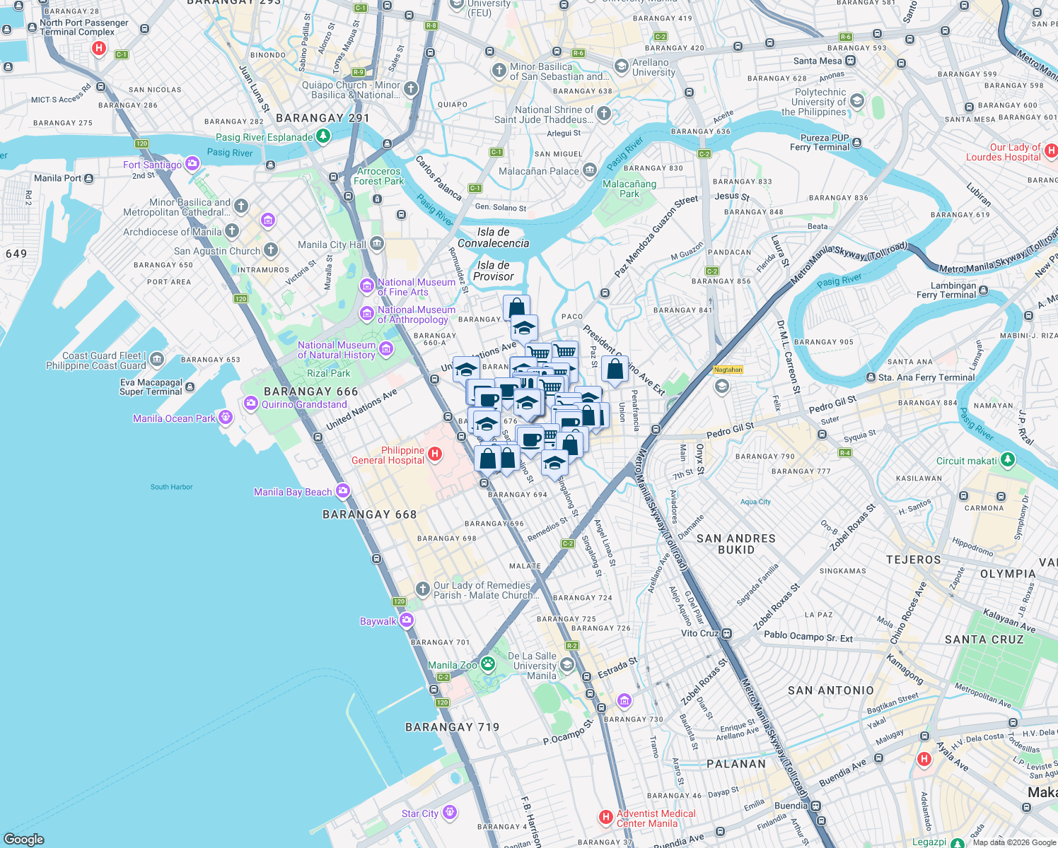 map of restaurants, bars, coffee shops, grocery stores, and more near 1466 General Luna Street in Manila