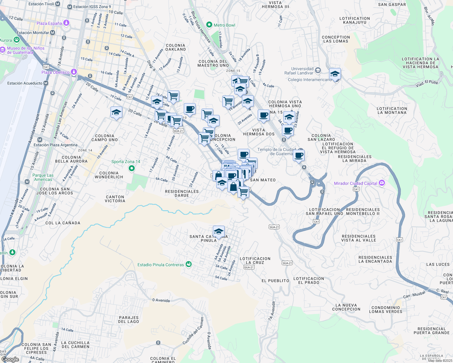 map of restaurants, bars, coffee shops, grocery stores, and more near 2505 20 Calle in Ciudad de Guatemala