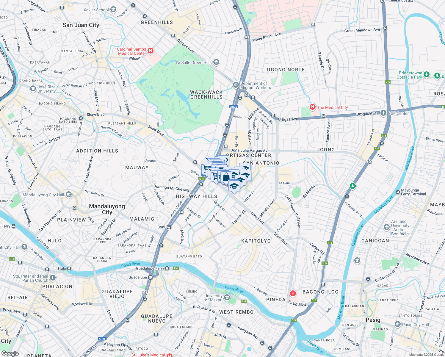 map of restaurants, bars, coffee shops, grocery stores, and more near Shaw Boulevard in Mandaluyong